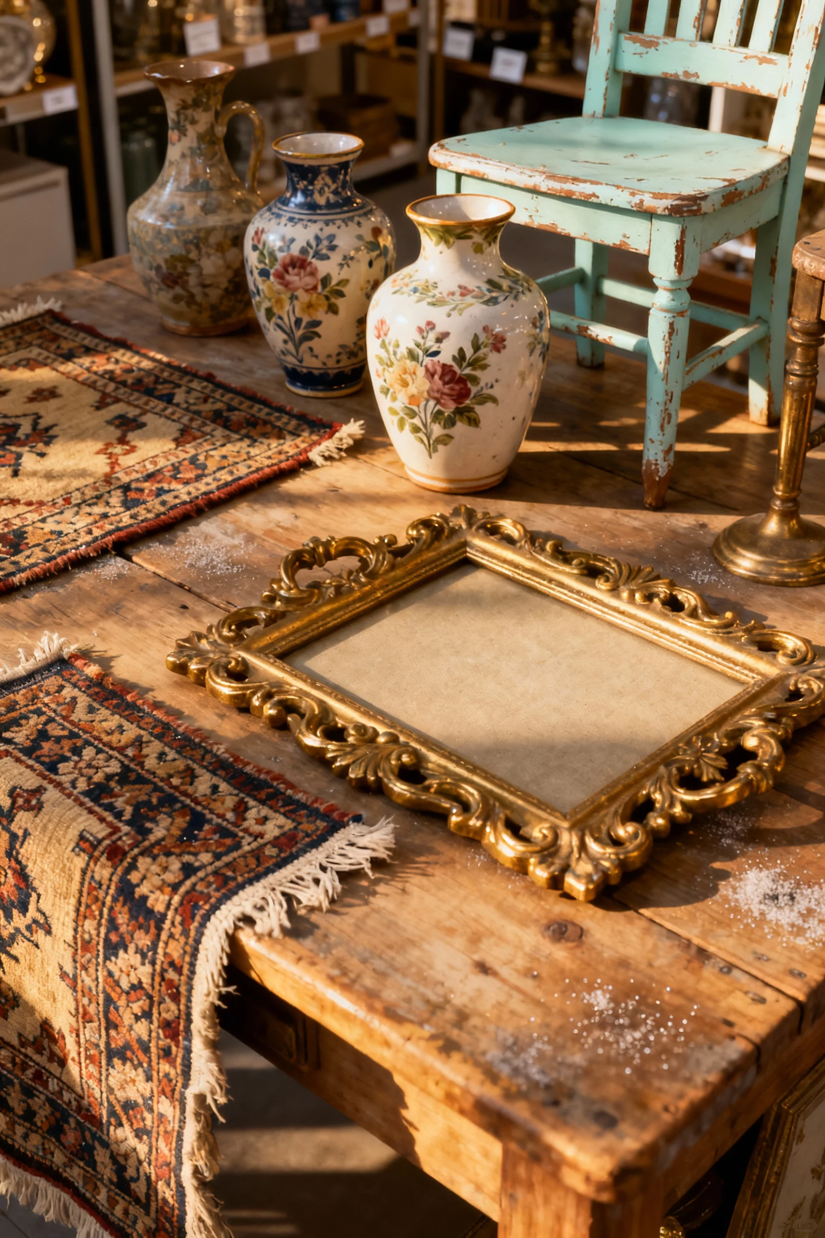 Overhead close-up shot of a thrift store hunting scene showing a tabletop display of assorted vintage home decor items i