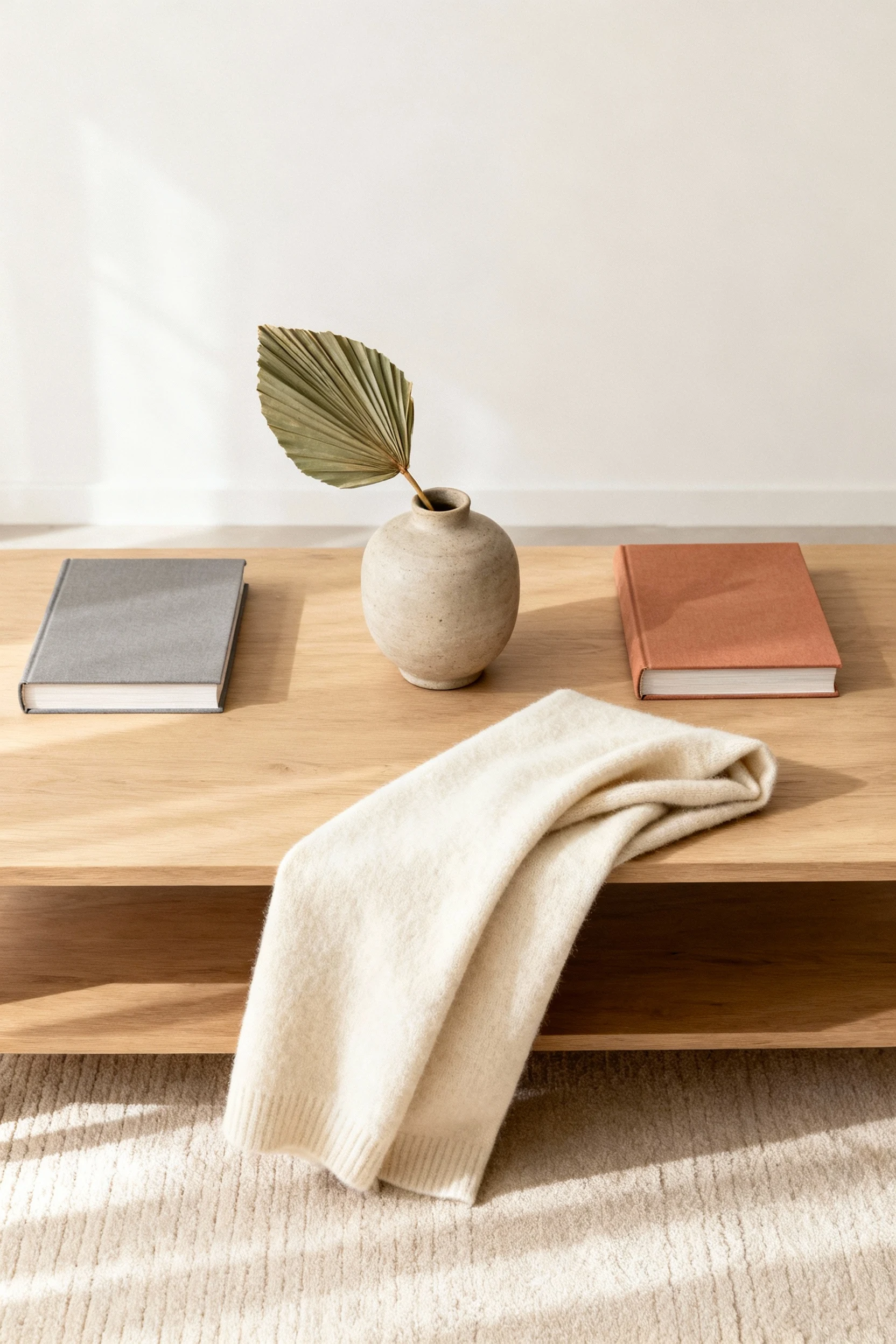 Overhead detail shot of a minimalist coffee table styled with ceramic vases, a single leafy plant stem, curated books wi