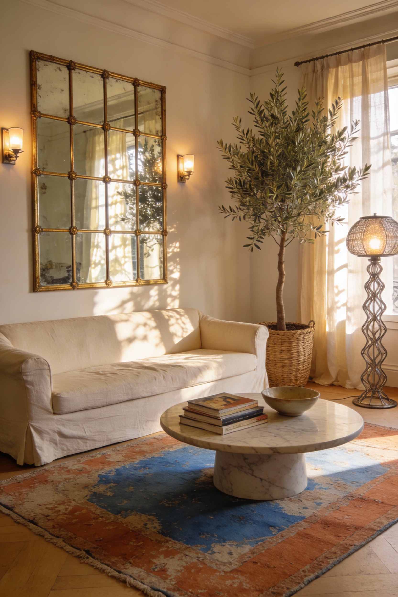 Wide photorealistic shot of a sunlit Parisian-style living room, main wall behind a cream slipcovered sofa covered in a