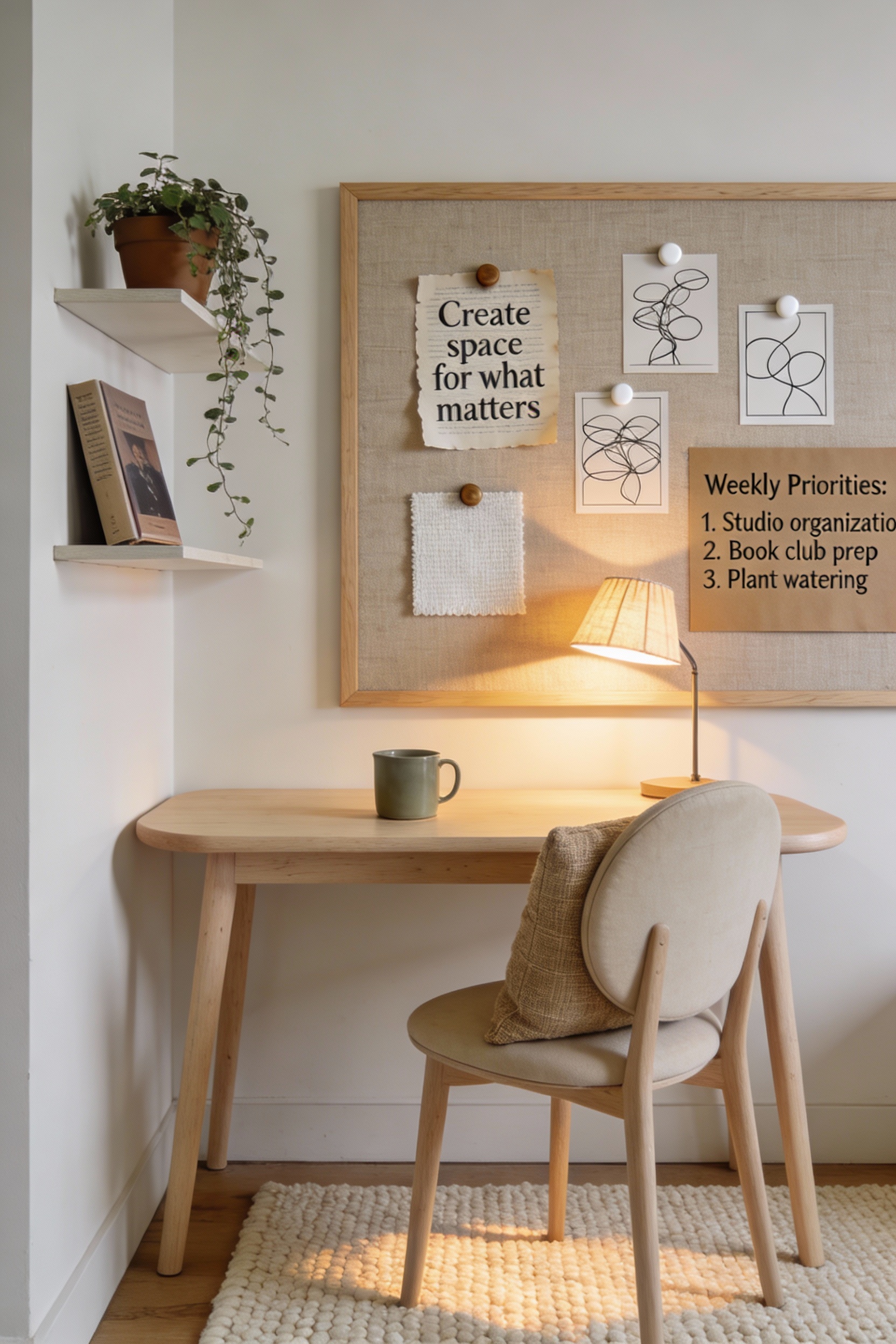 Wide corner-angle photorealistic shot of a soft Scandinavian study nook: slim pale birch desk, rounded-back chair with l