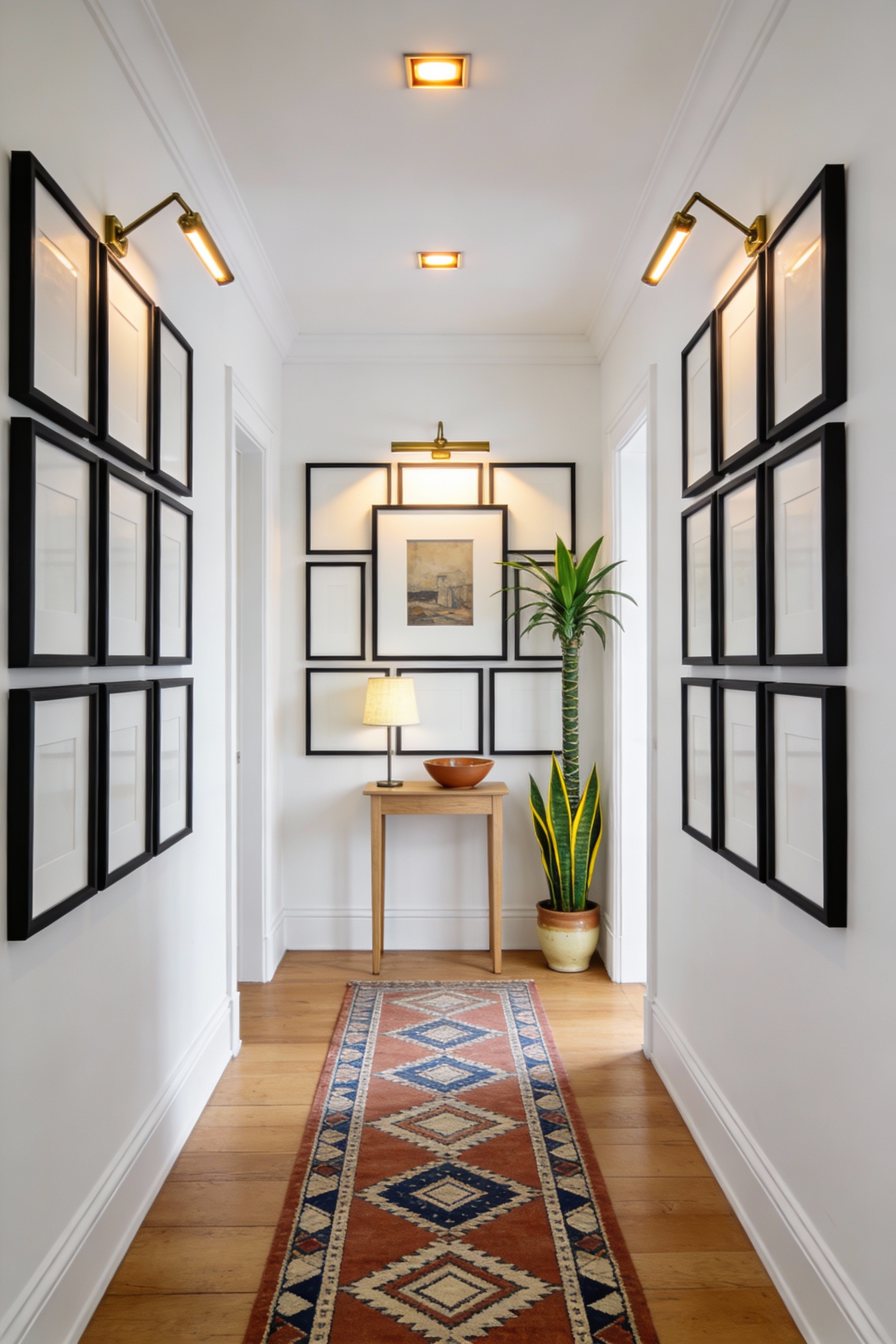 Wide straight-on photorealistic shot of a long hallway styled as a bright gallery walk: soft white walls with crisp trim
