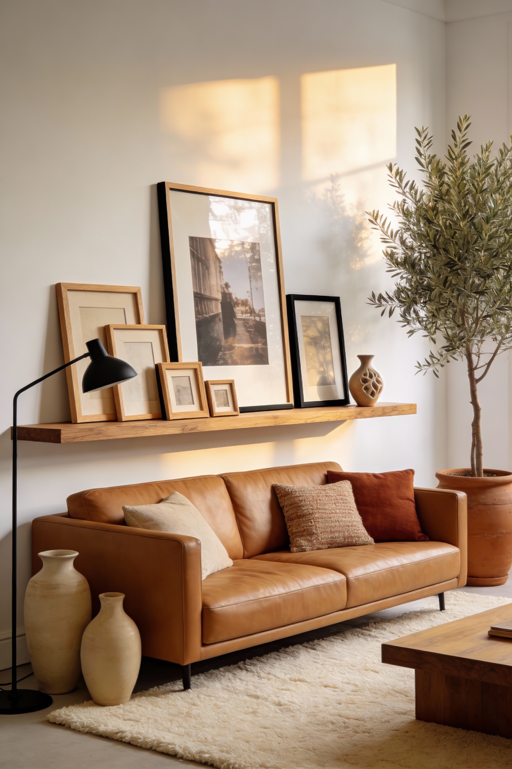 Wide photorealistic warm modern living room, warm white walls, camel leather sofa on a cream wool rug, full-length float