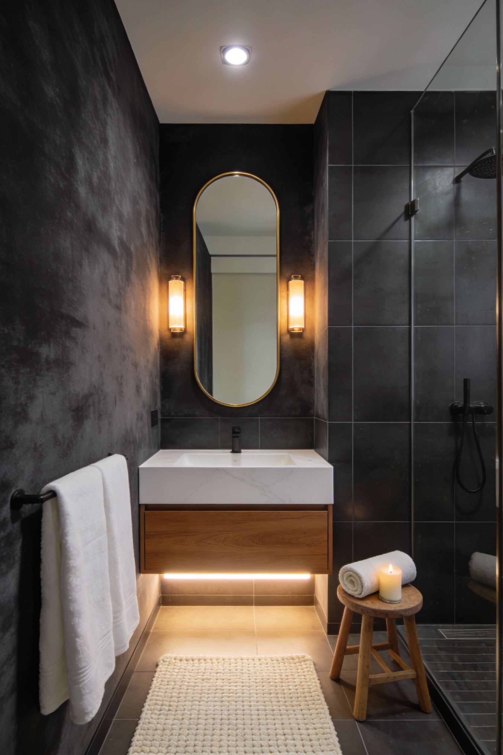 Wide corner-angle photorealistic shot of a small modern spa bathroom with soft velvety charcoal painted walls, large-for