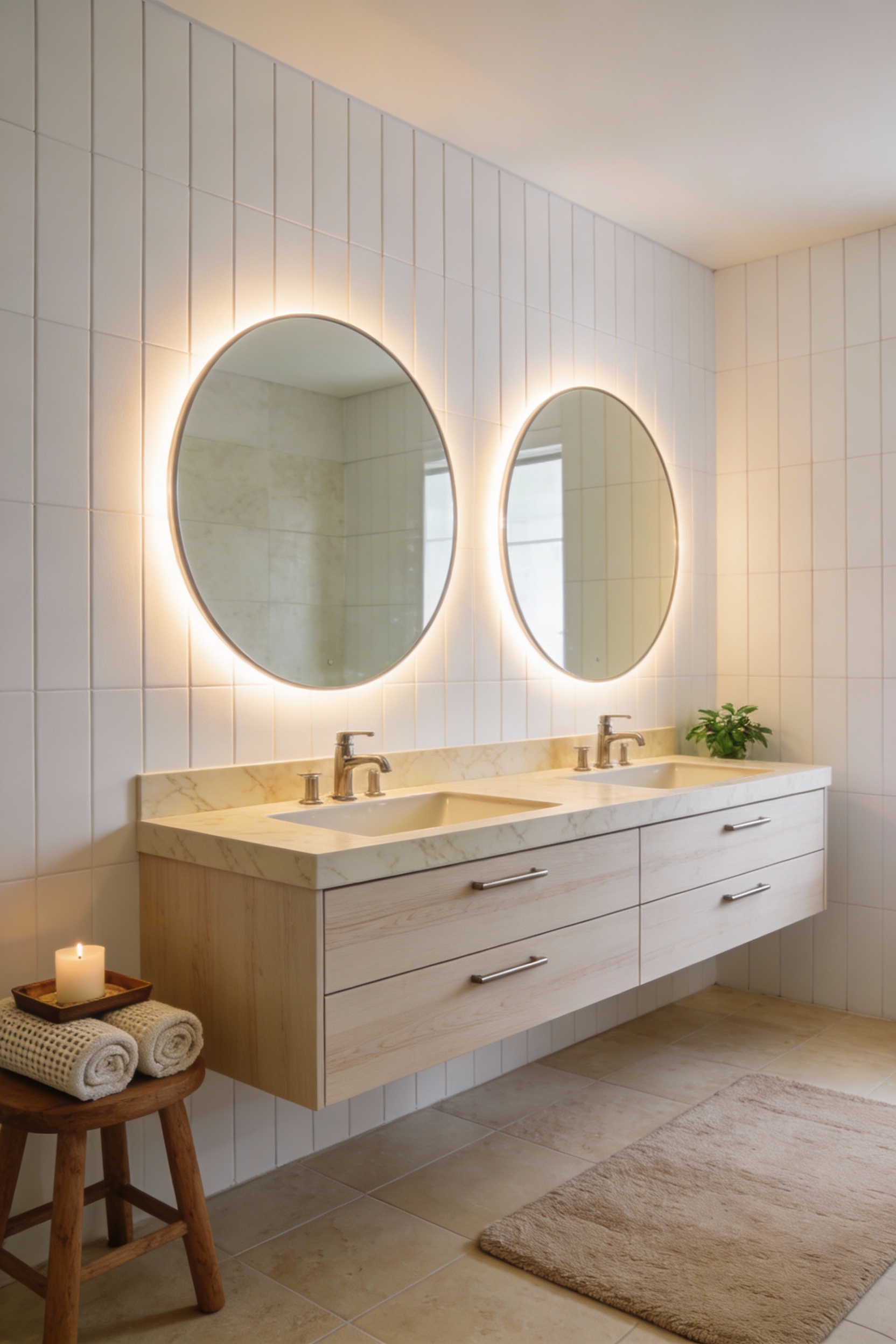 Wide photorealistic bathroom interior, warm modern spa style: floating white oak double vanity with long clean drawers a