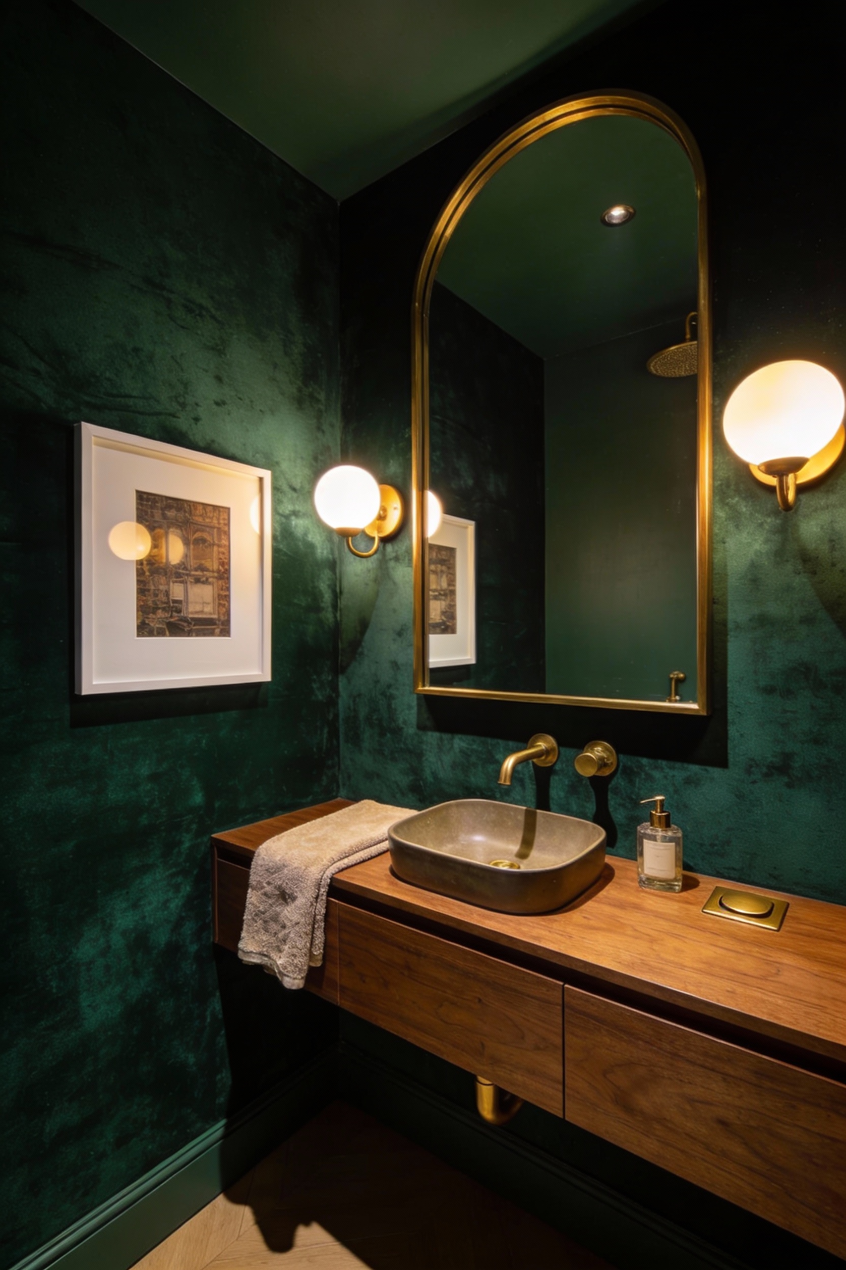 Wide photorealistic shot of a tiny downstairs toilet styled like a boutique hotel jewel box: deep emerald satin walls wi