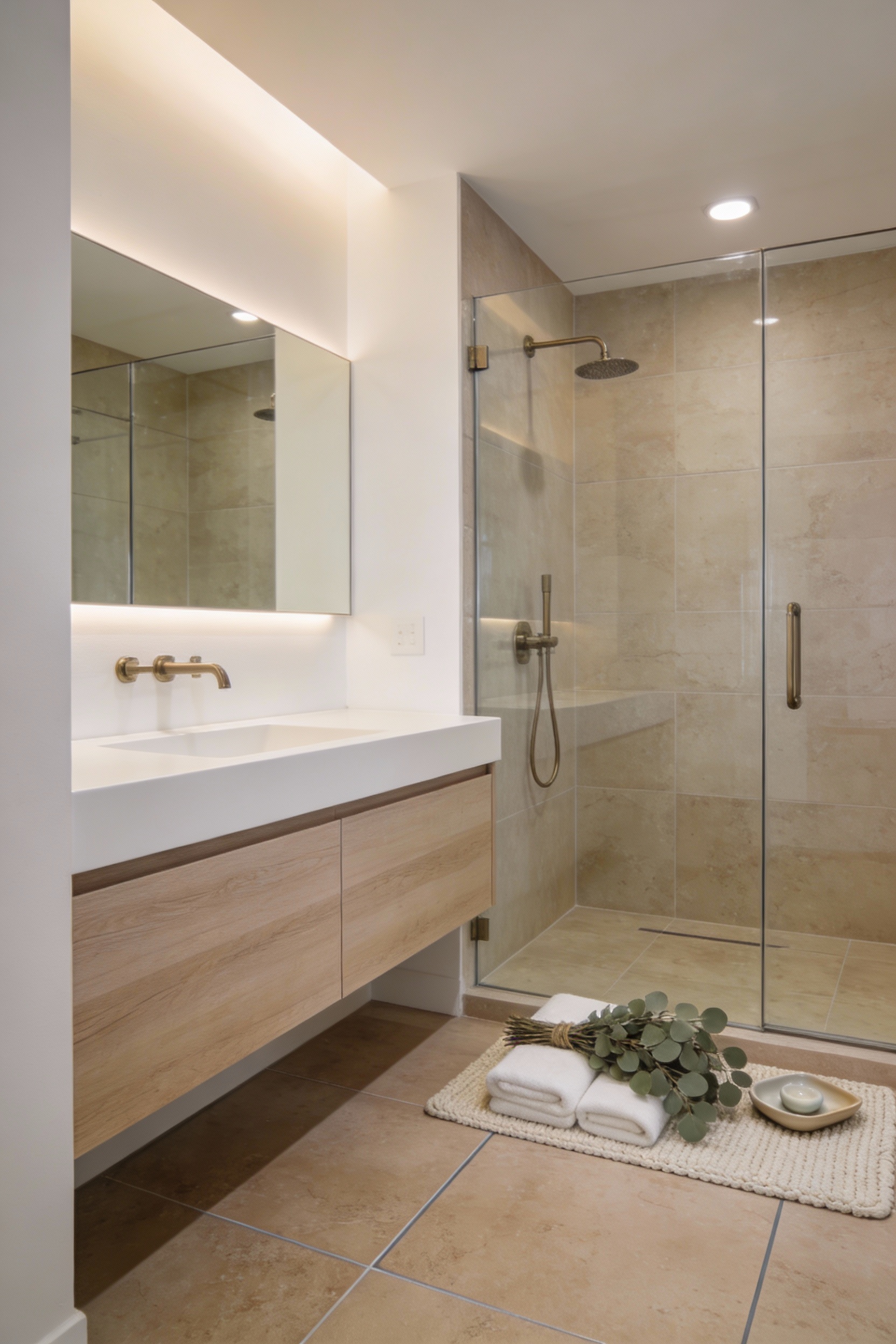 Wide photorealistic bathroom interior, spa-quiet retreat: large-format warm greige stone-look porcelain floor tile laid 