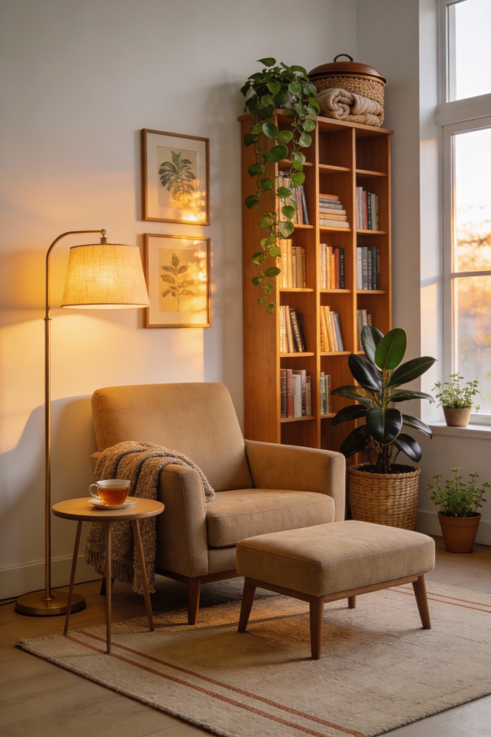 Wide photorealistic interior shot of a closed balcony styled as a sunlit reading conservatory: warm white walls, honey o