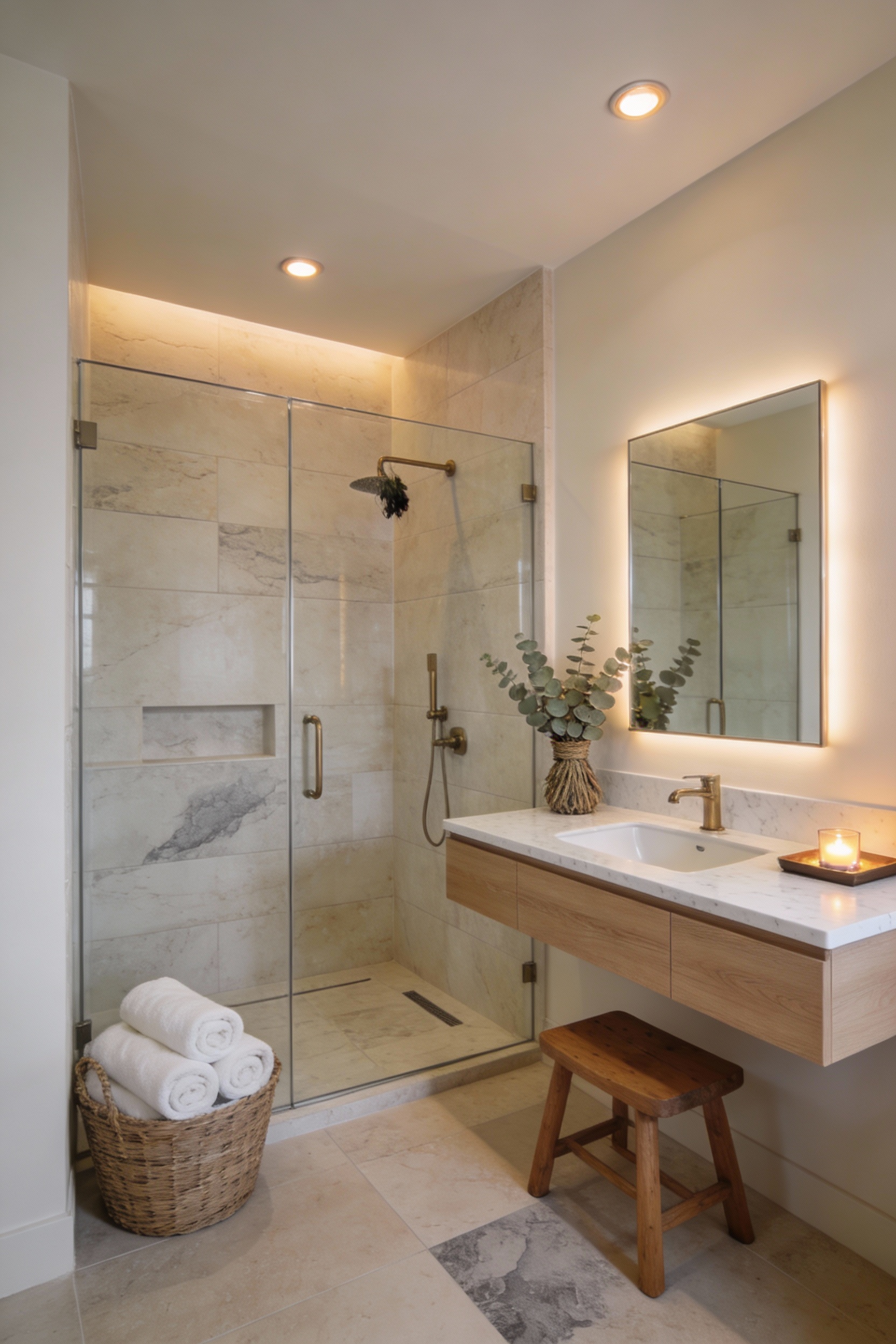 Wide photorealistic modern spa bathroom, warm white and sand-beige palette with hints of stone gray; floating light-oak