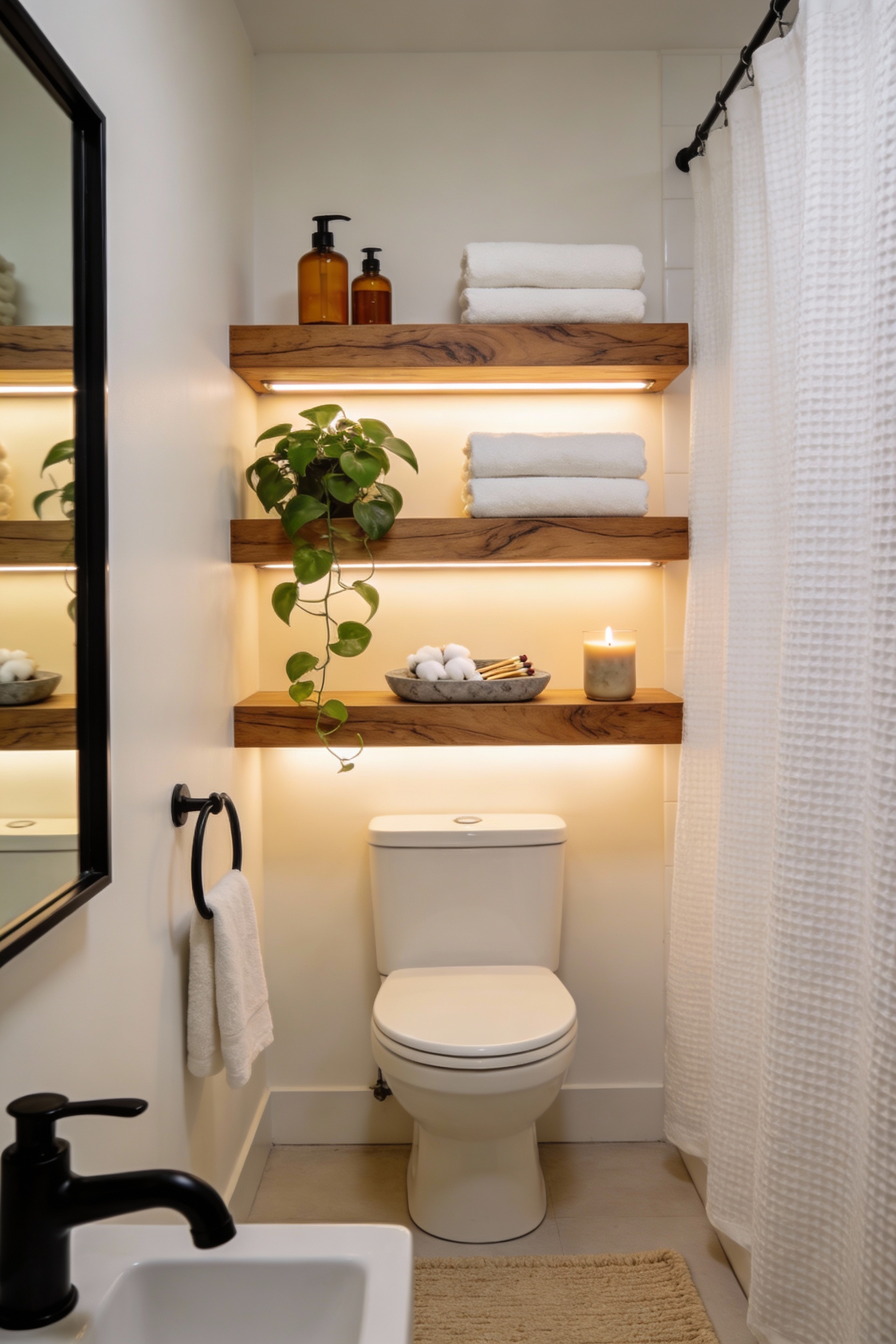 Wide photorealistic shot of a warm spa-inspired bathroom with creamy warm-white walls and matte black fixtures (black fa