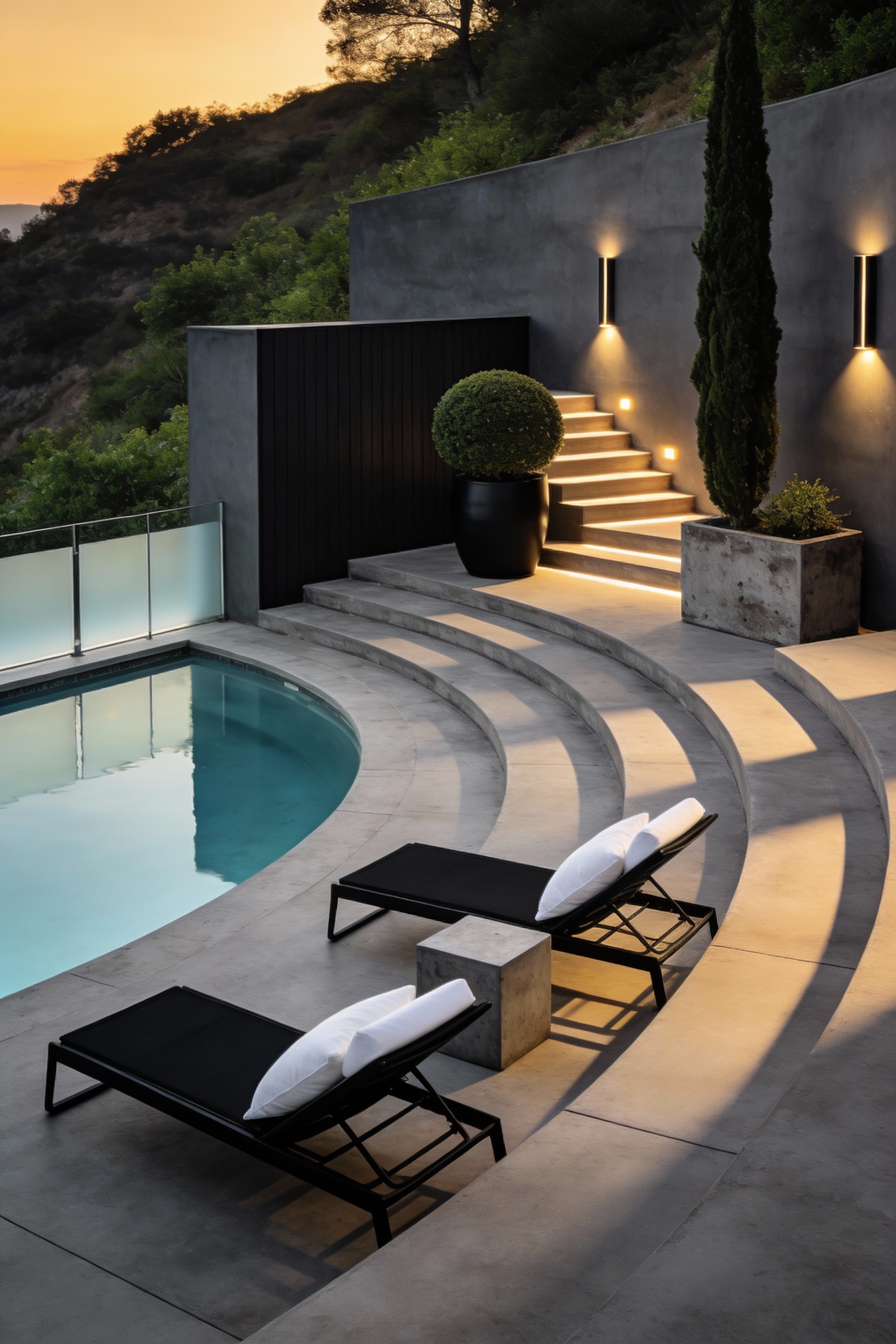 Wide photorealistic dusk shot of a modern semi-inground pool set into a hillside, smooth poured-concrete terraces steppi