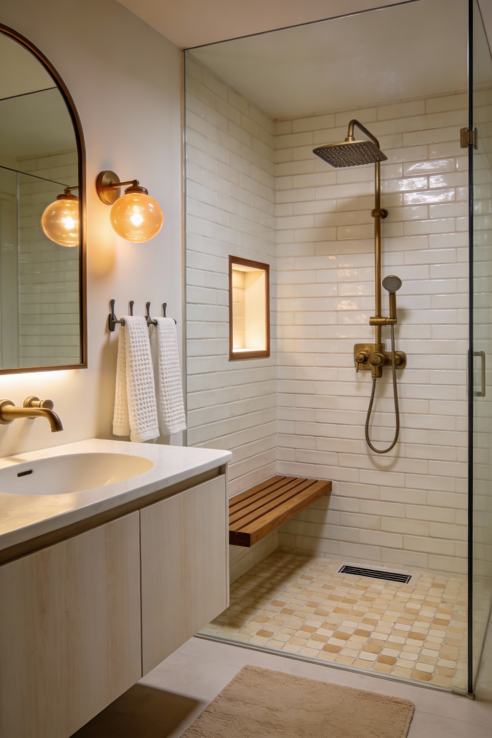 Wide photorealistic bathroom shot, calm spa suite: warm white zellige tile shower walls in straight stacked layout with 