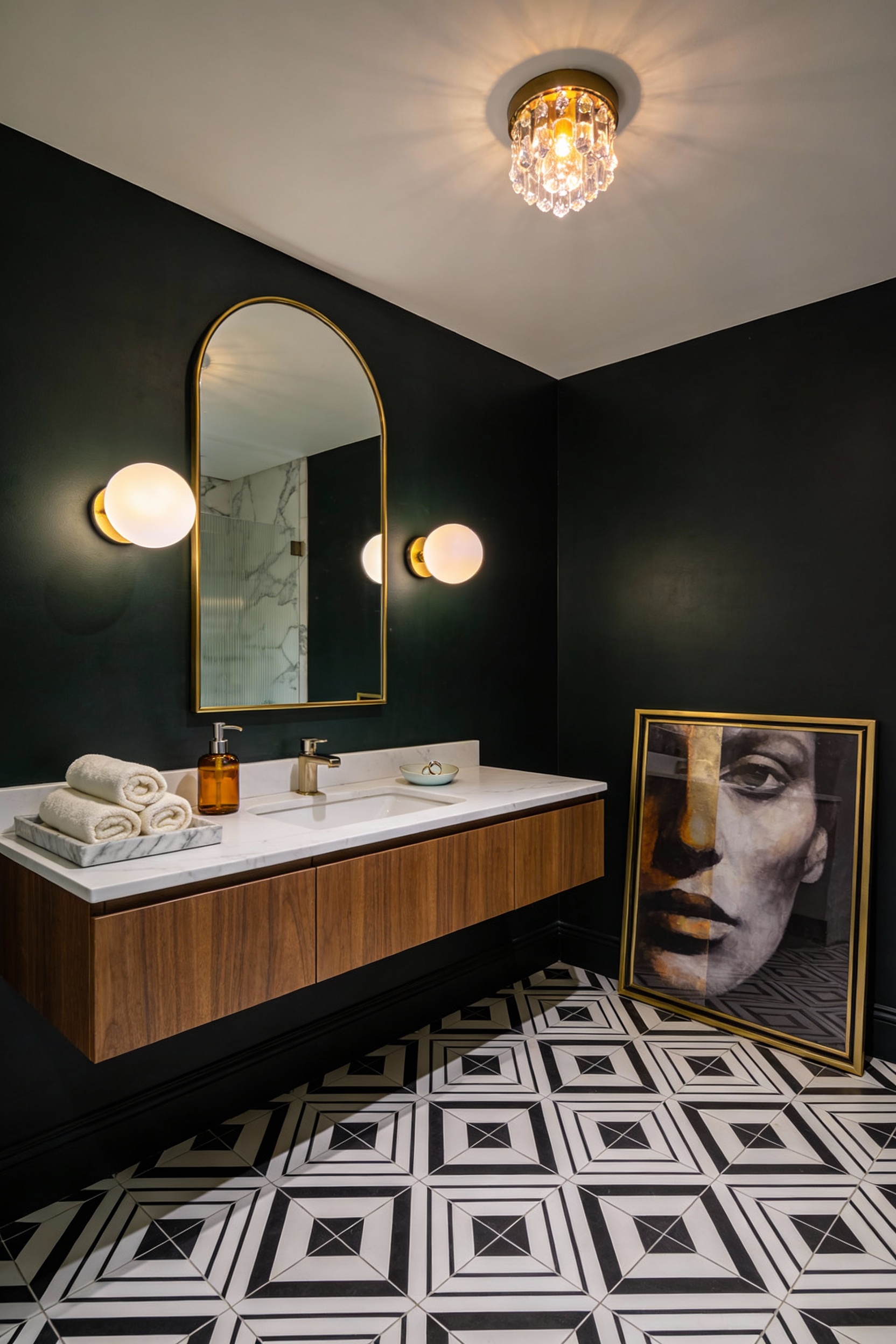 Wide photorealistic shot of a tiny boutique-hotel-style powder room: walls painted inky charcoal/near-black green, warm 