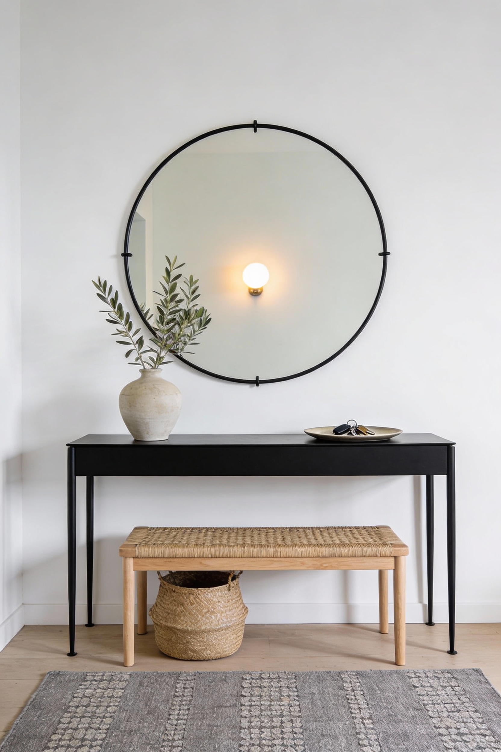 1. Straight-on wide shot of a modern minimalist entryway: crisp white wall, oversized round mirror with a slim black met