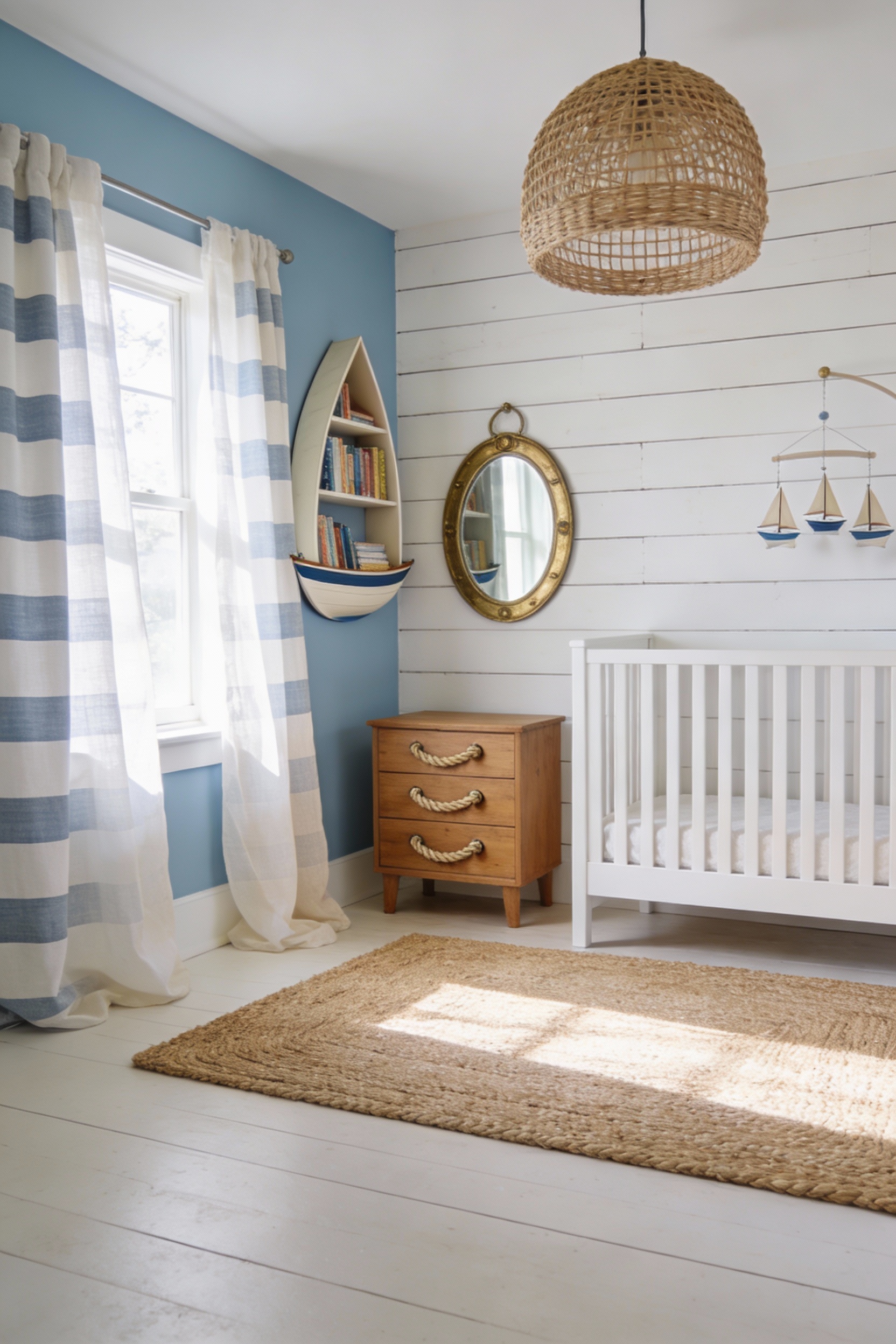 1. Photorealistic wide, straight-on room shot of a coastal nursery in salt white, sky blue, and sandy beige: shiplap acc