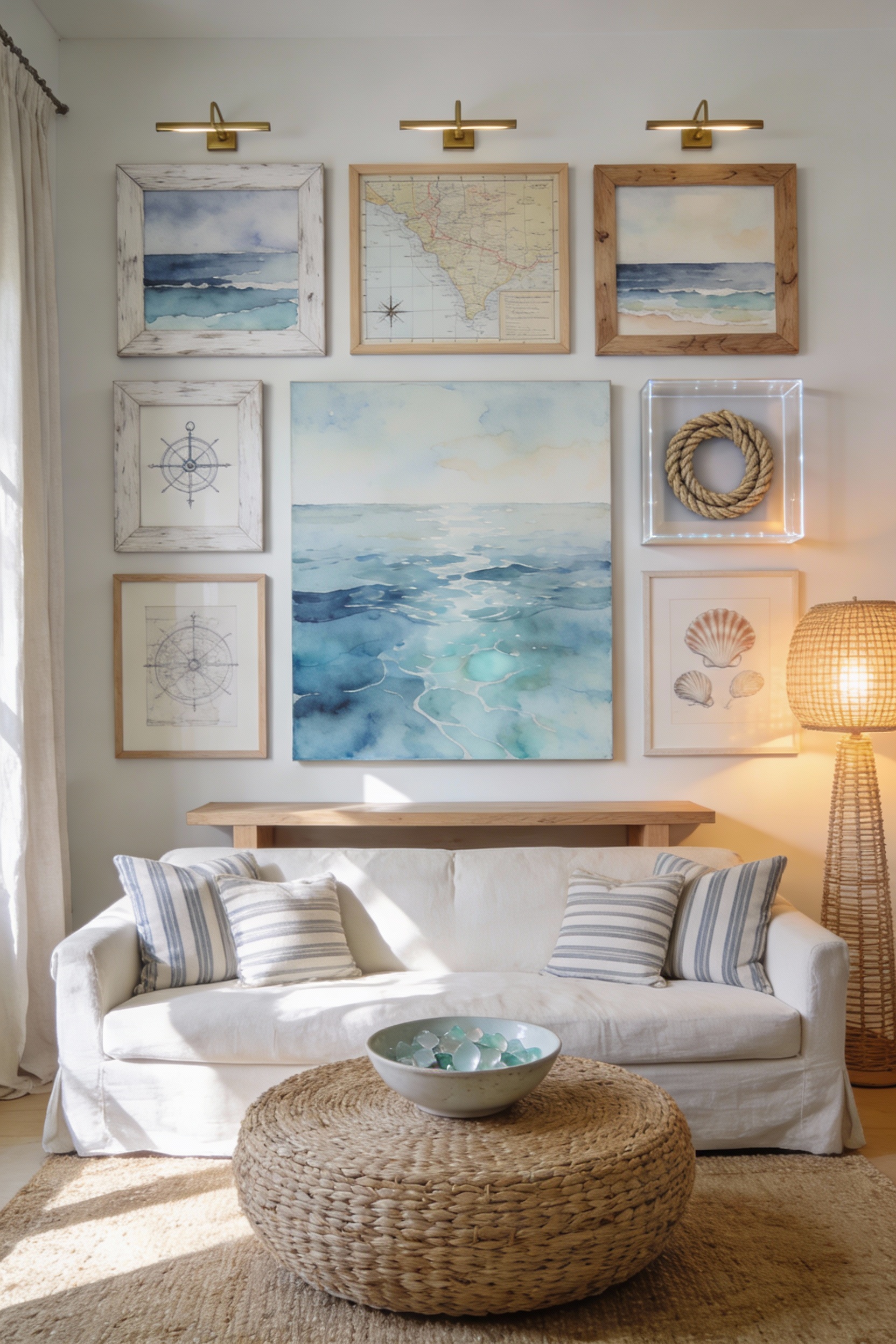 Photorealistic wide, straight-on shot of a sun-washed coastal living room gallery above a slipcovered sofa: a relaxed sa