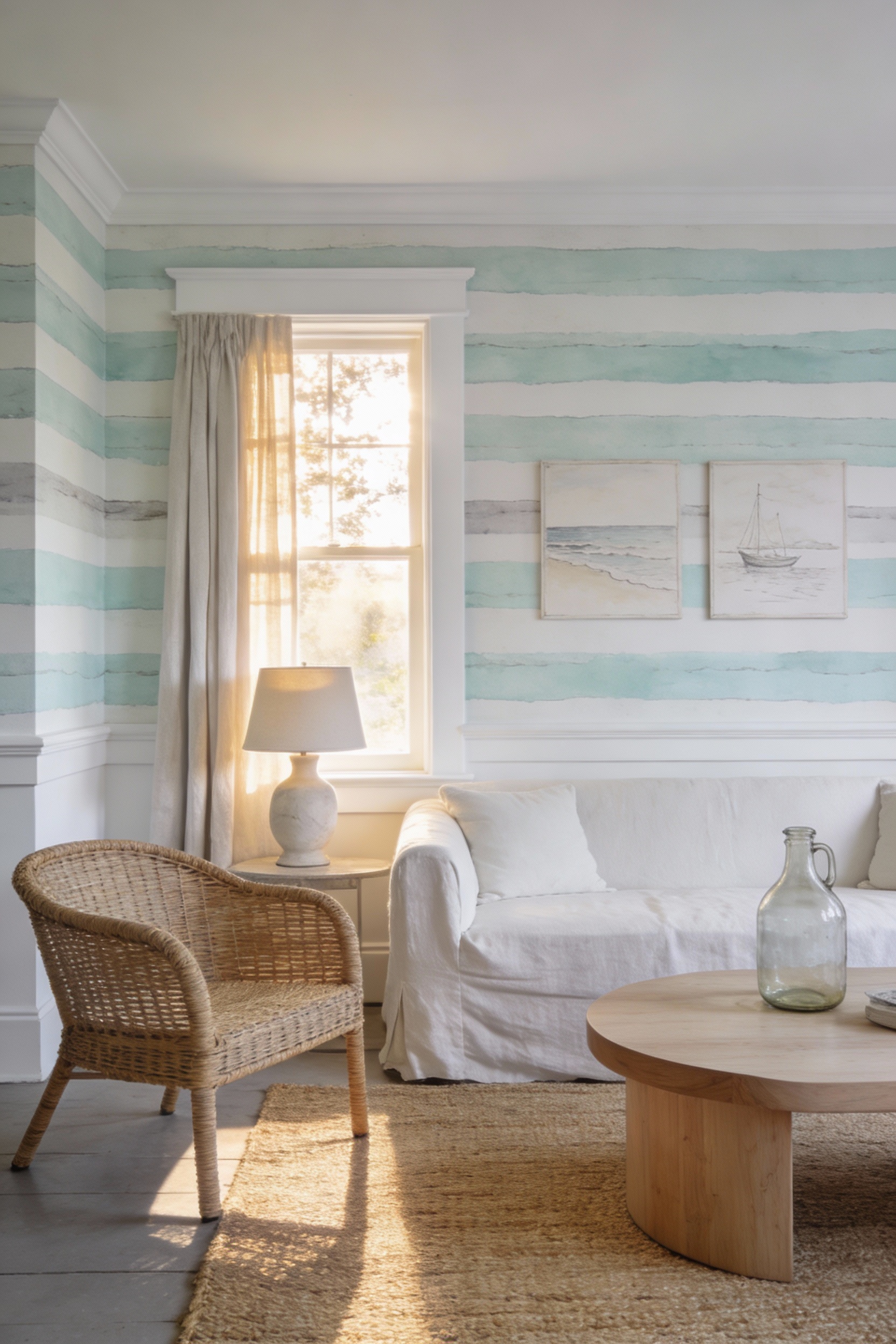 Wide straight-on living room shot of a coastal cottage calm space with soft seafoam watercolor-stripe wallpaper and matt