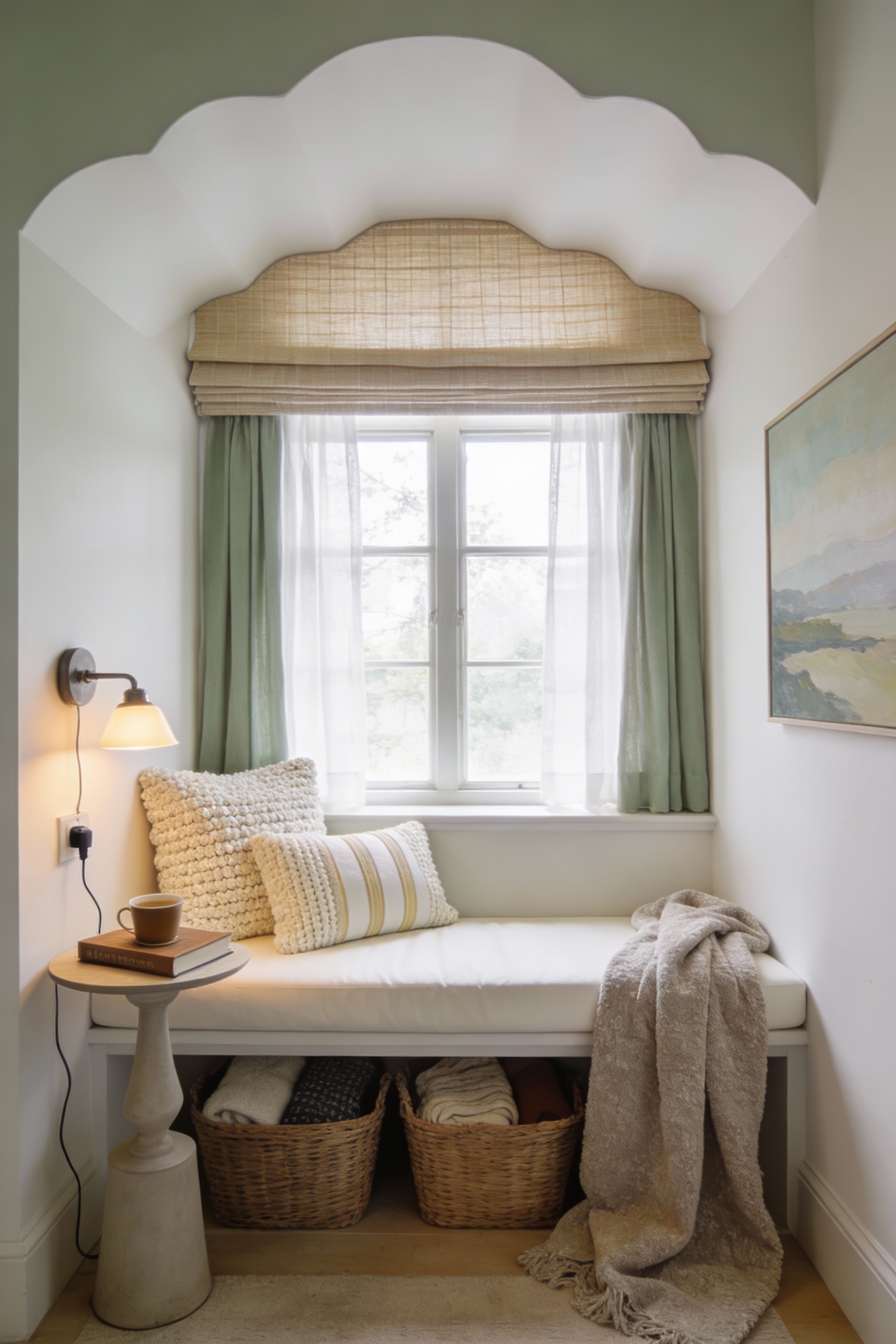 Wide-angle photorealistic living room corner featuring a bay window transformed into a cloud-like reading nook: a snug b