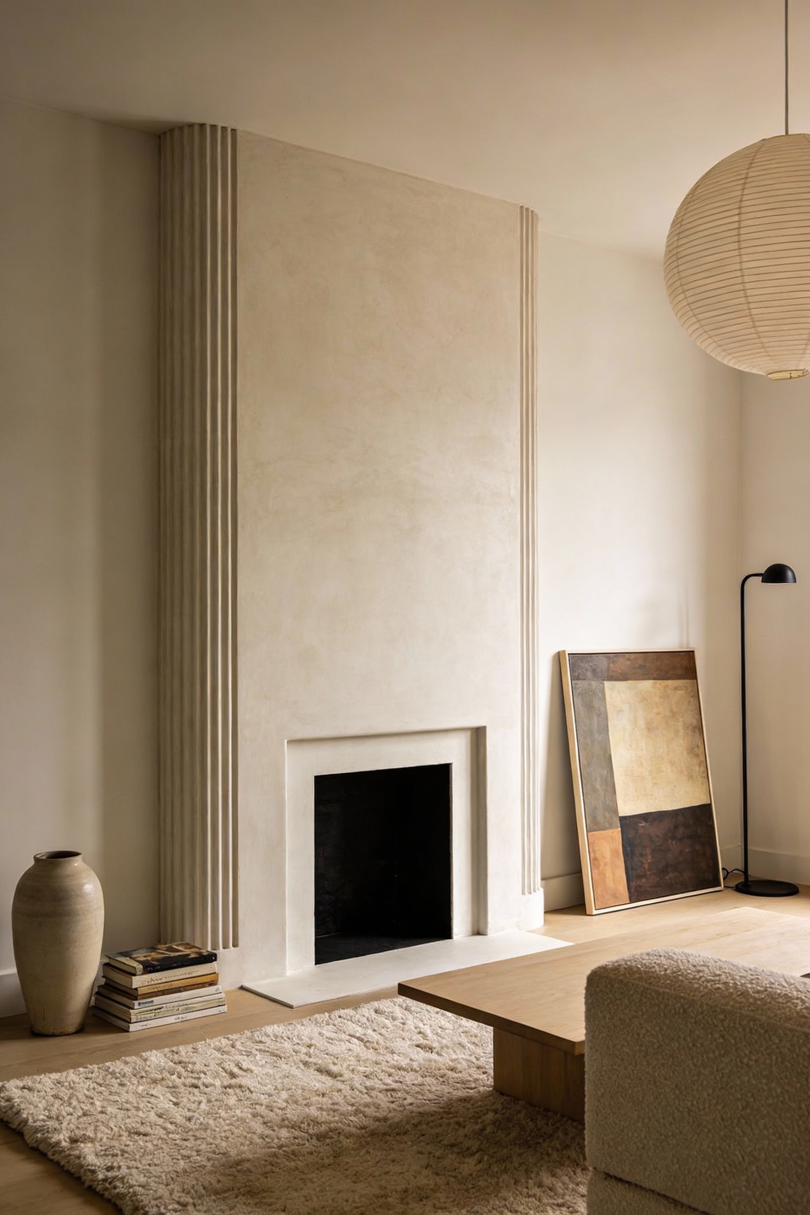 Wide photorealistic living room, warm modern minimal chimney breast wall in warm off-white plaster/microcement with subt