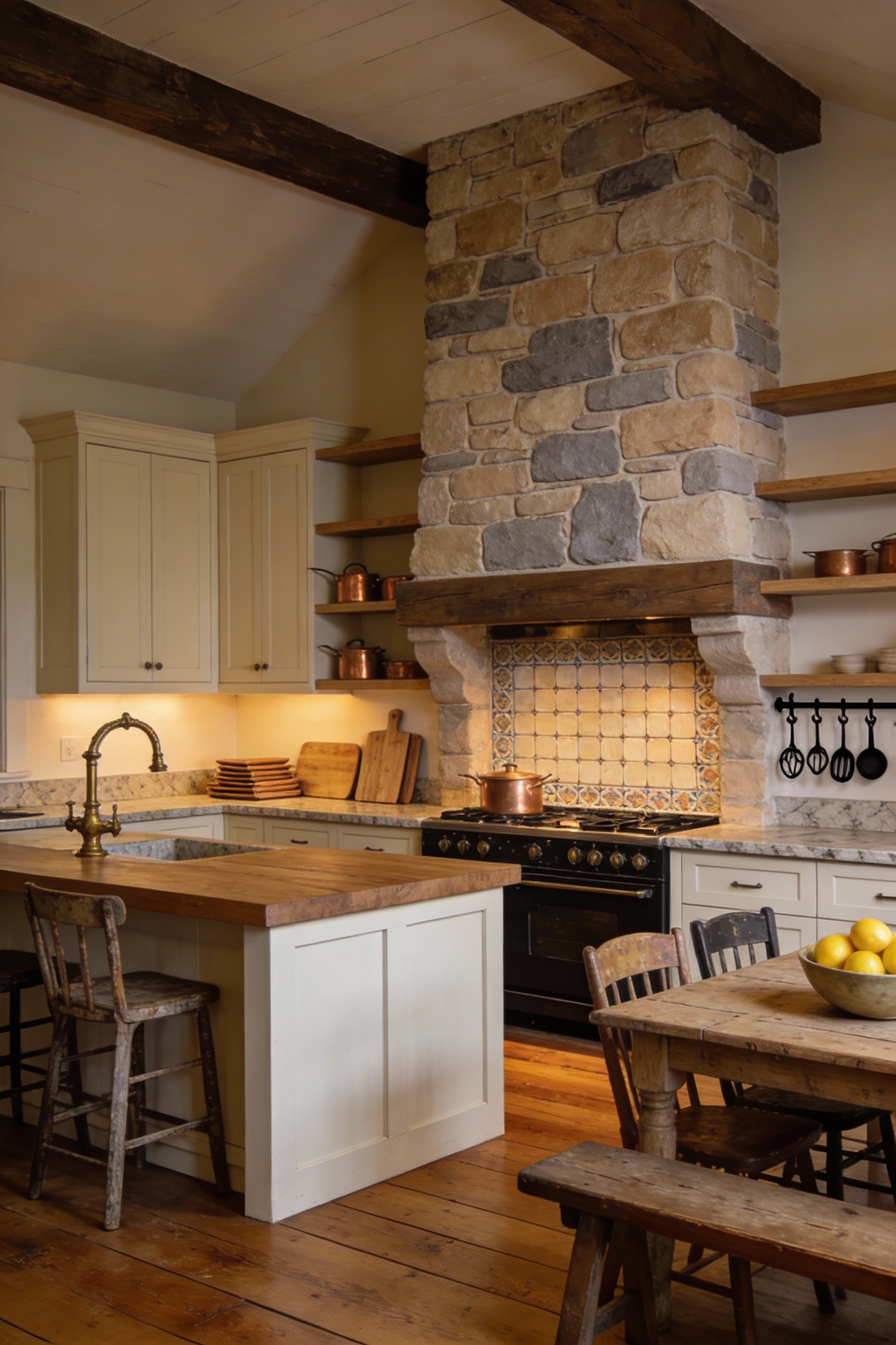Wide, corner-angle photorealistic rustic hearth kitchen with a chunky stone-clad chimney in taupe/sand/soft gray centere