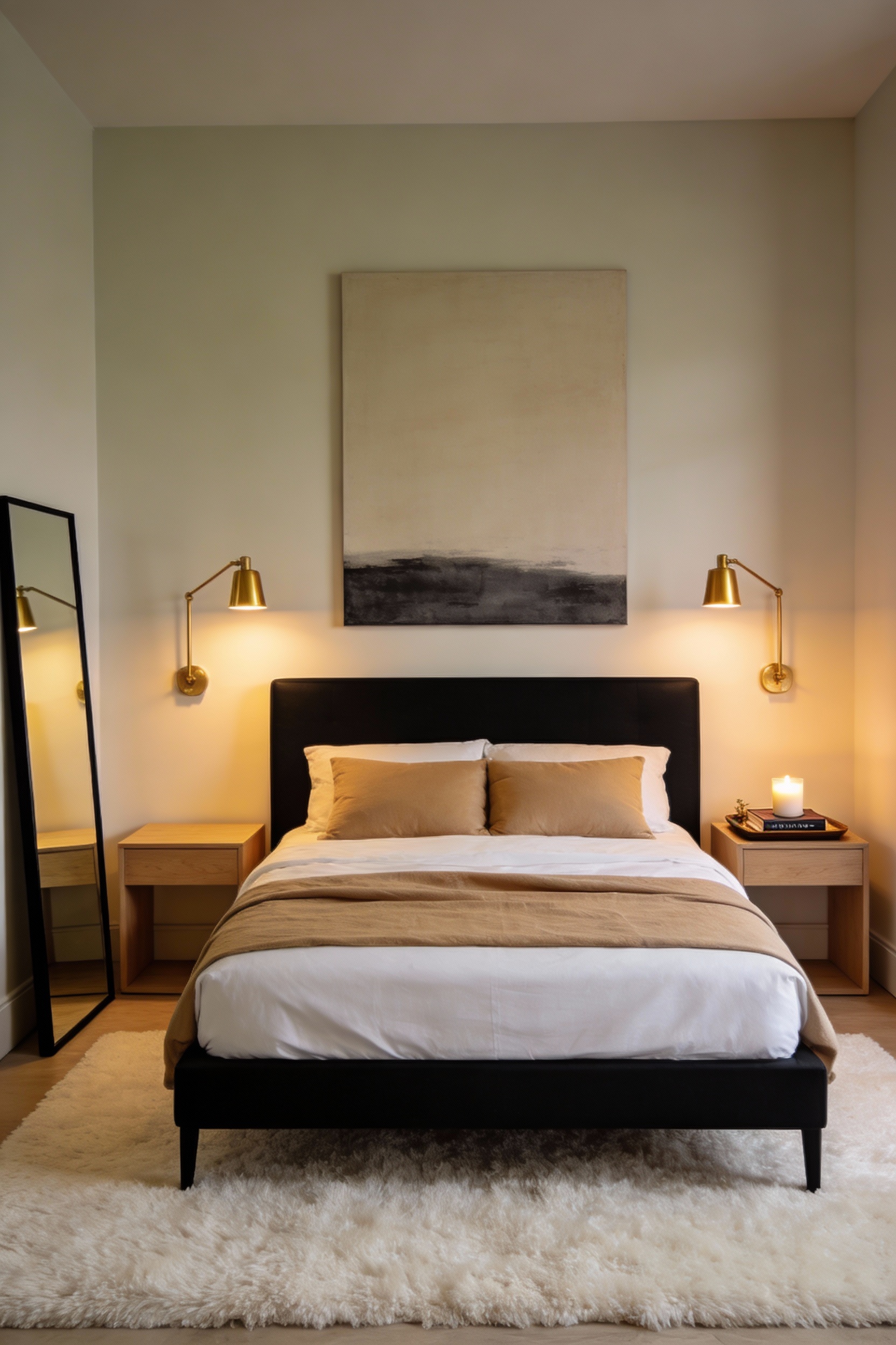 Wide photorealistic bedroom shot, modern luxe boutique-hotel vibe: black upholstered bedframe with clean lines centered
