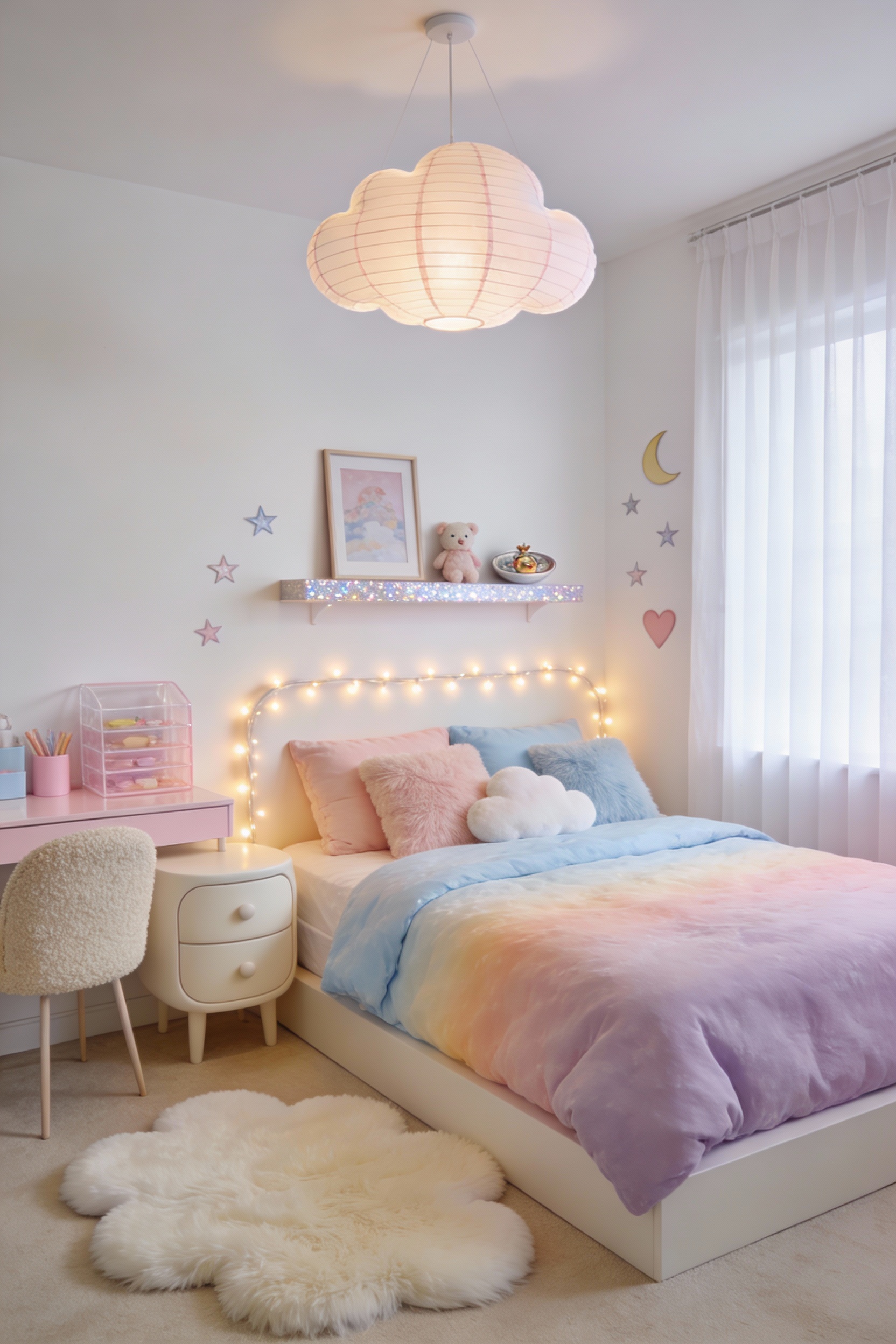 Wide corner-angle photorealistic bedroom styled as a “pastel cloud nursery-for-adults”: milky white walls, airy buttery 