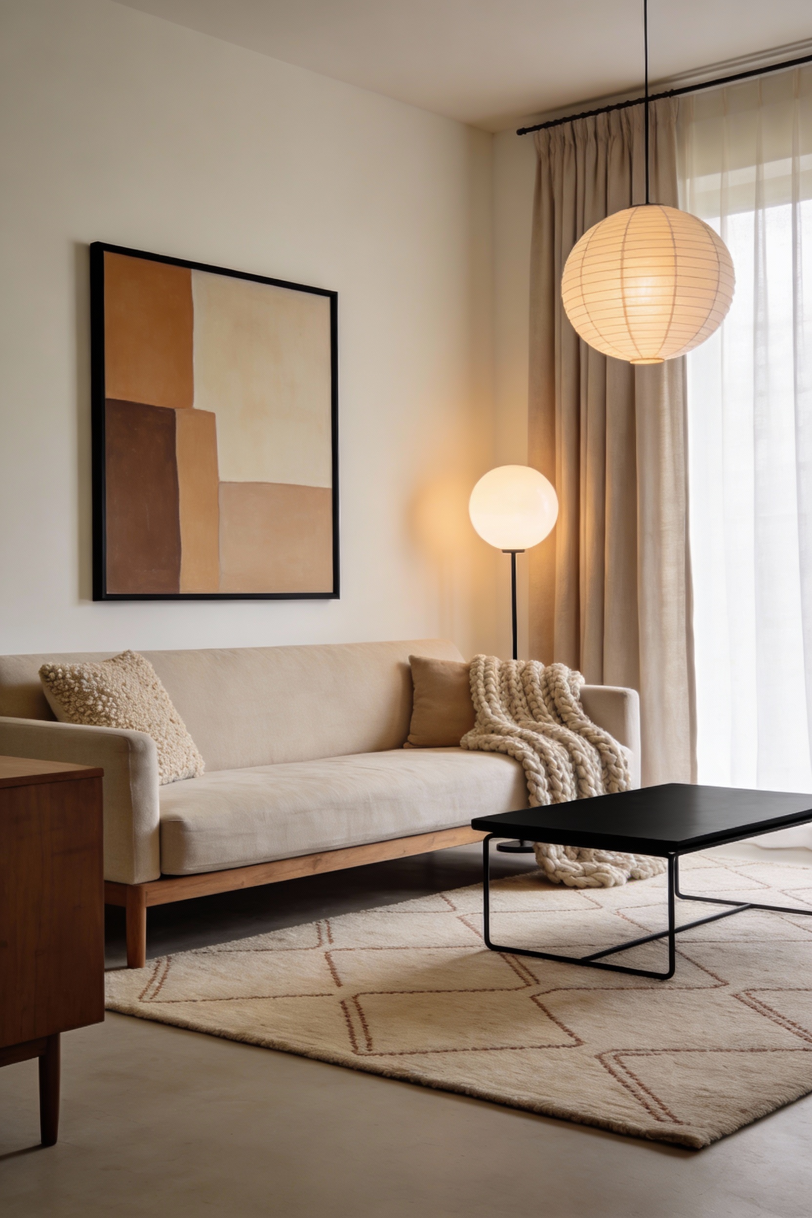 Wide corner-angle photorealistic living room in a warm modern minimalist style: creamy greige walls (soft off-white with