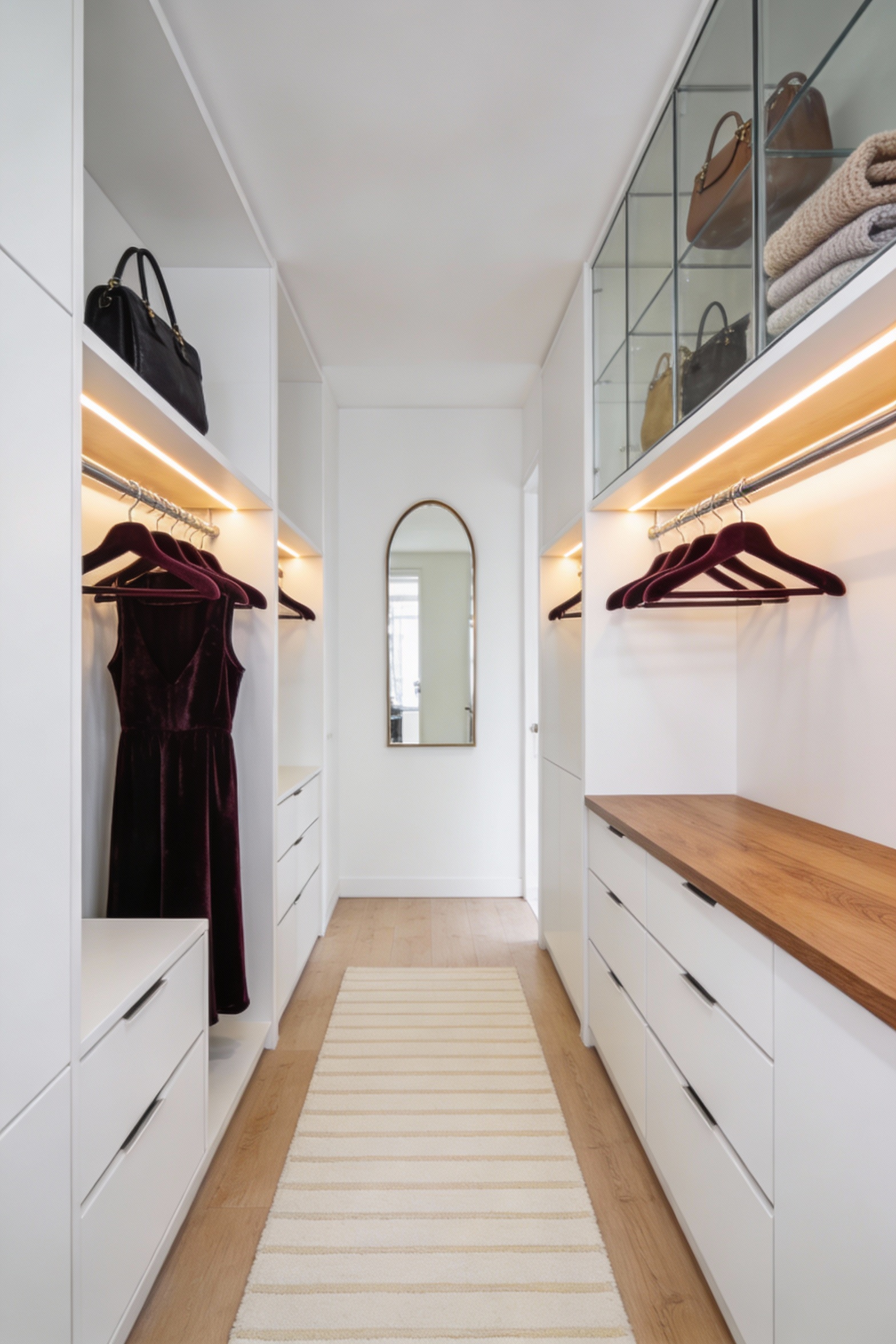 Wide-angle photorealistic shot of a tiny walk-in closet styled like a bright boutique: crisp white walls, matte white bu