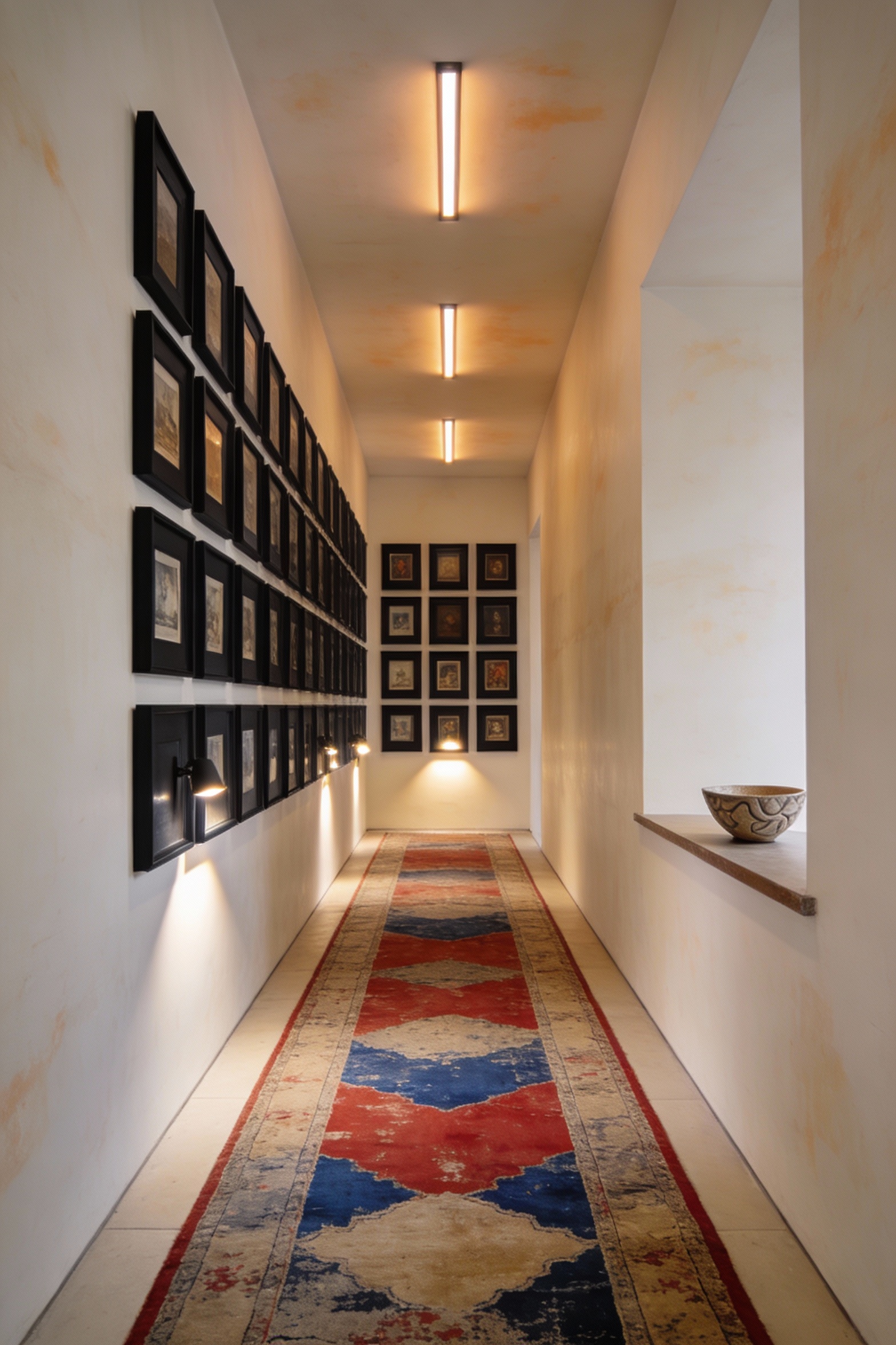Wide straight-on view down a long narrow hallway styled like a curated mini-gallery: creamy warm off-white walls with wa