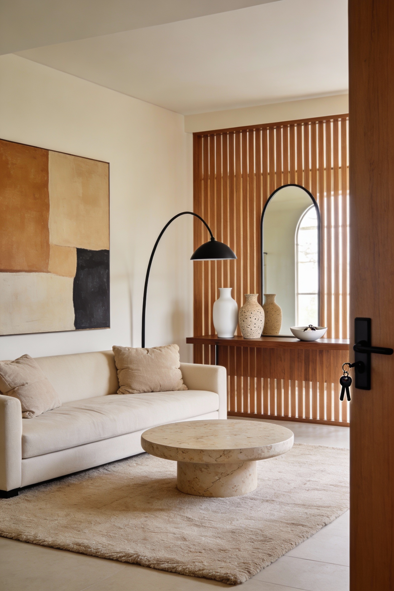 1. Wide-angle photorealistic warm modern living room with creamy walls and a vertical slatted warm oak divider separatin