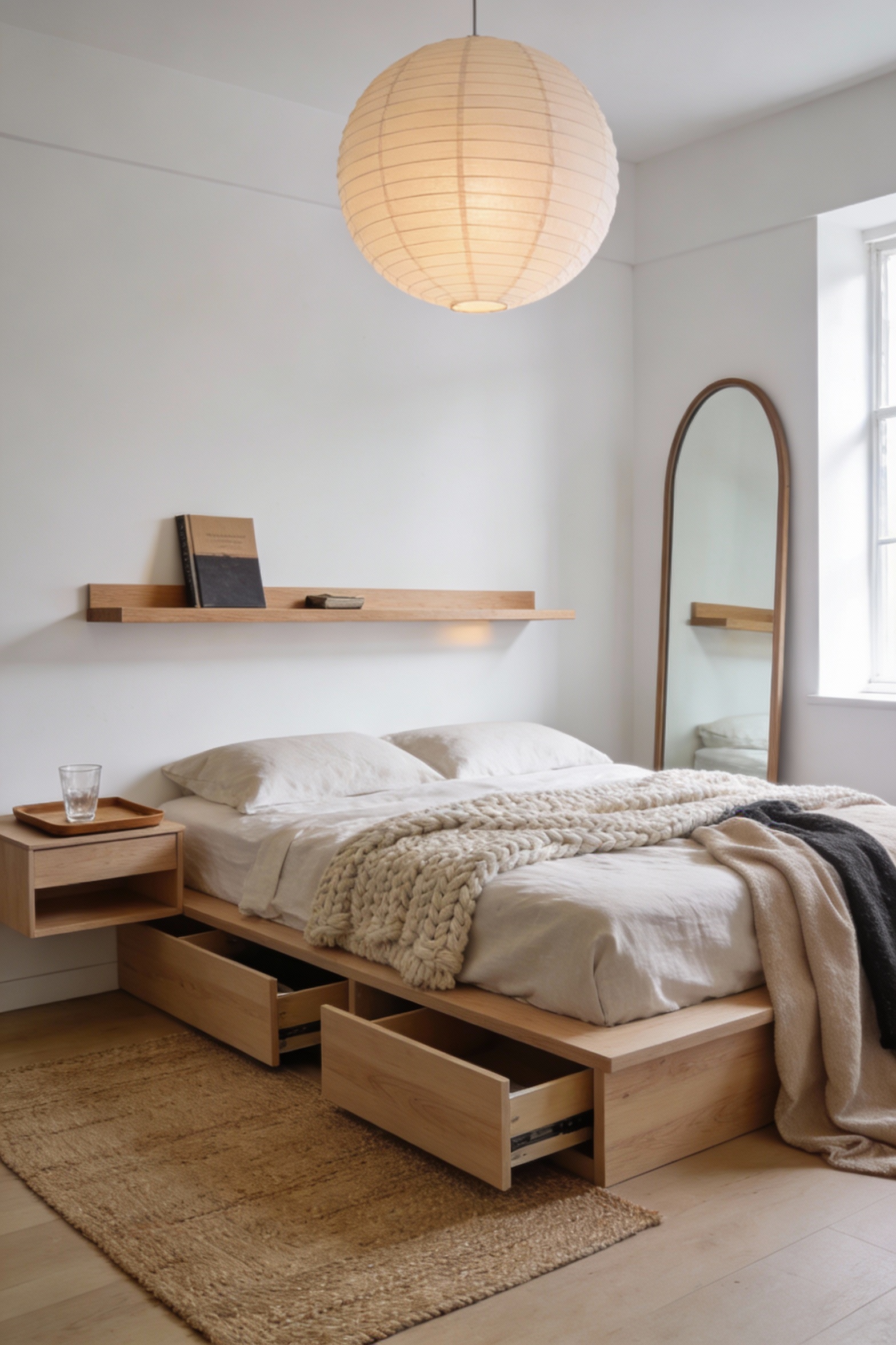 Wide-angle photorealistic Scandinavian bedroom retreat with crisp white walls, pale oak accents, a light wood platform b
