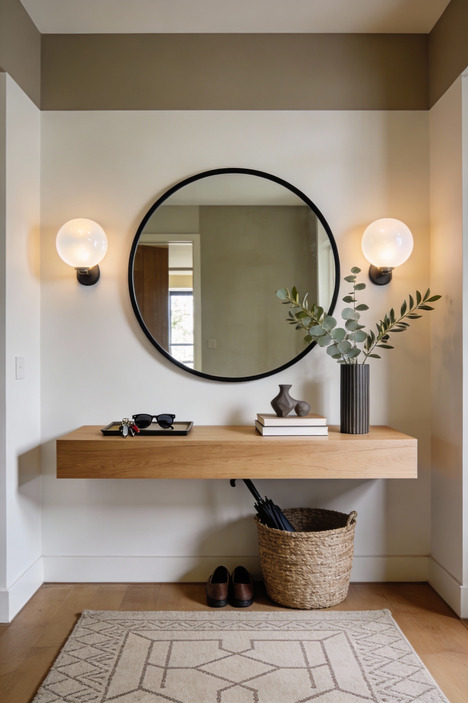 Wide, straight-on photorealistic shot of a warm modern entryway: oversized 30–40 inch round mirror with a thin matte bla