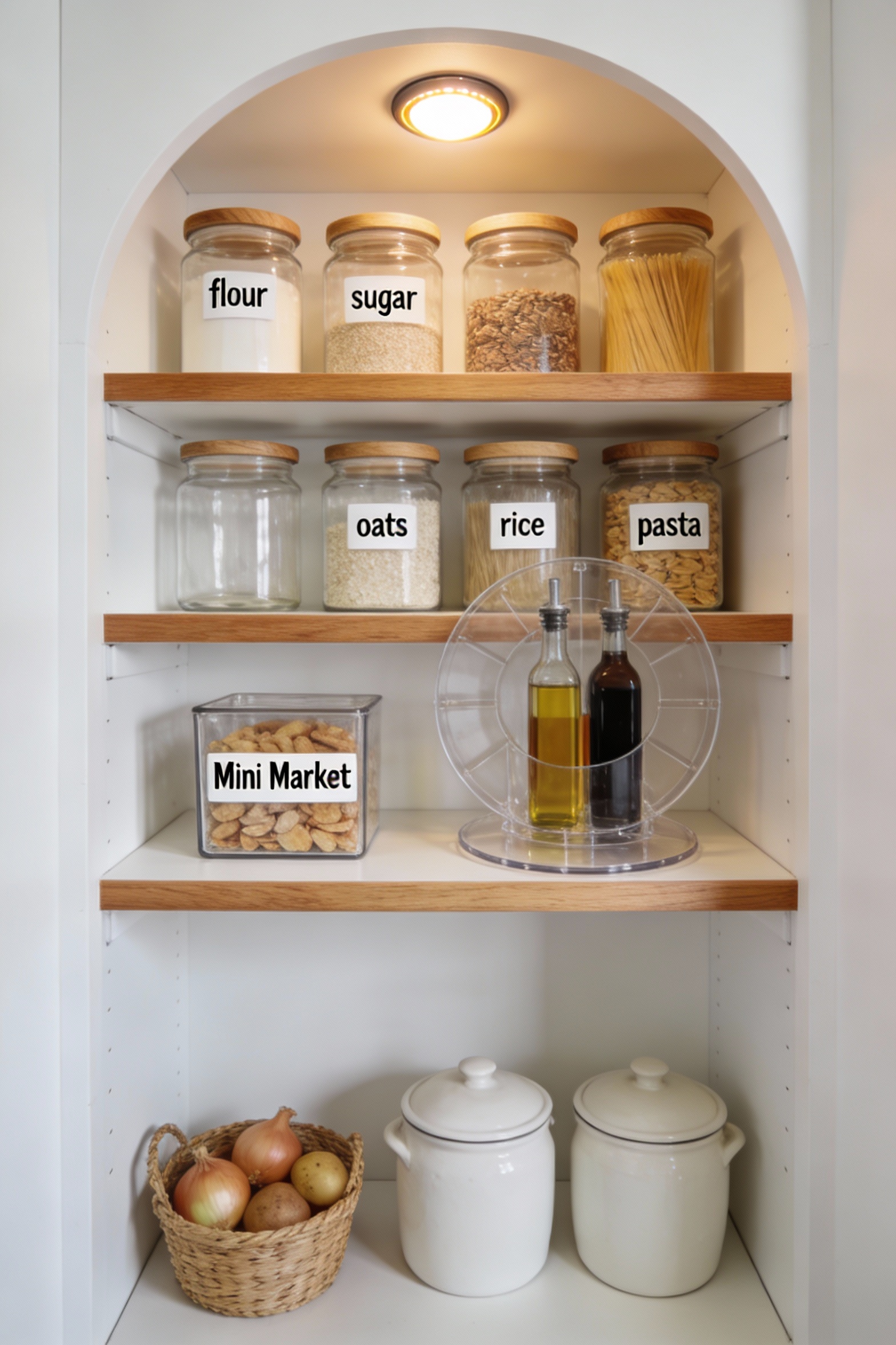 1. Wide, straight-on view inside a small “Mini Market” pantry: matte white shelves with warm white-oak edge trim, rows o