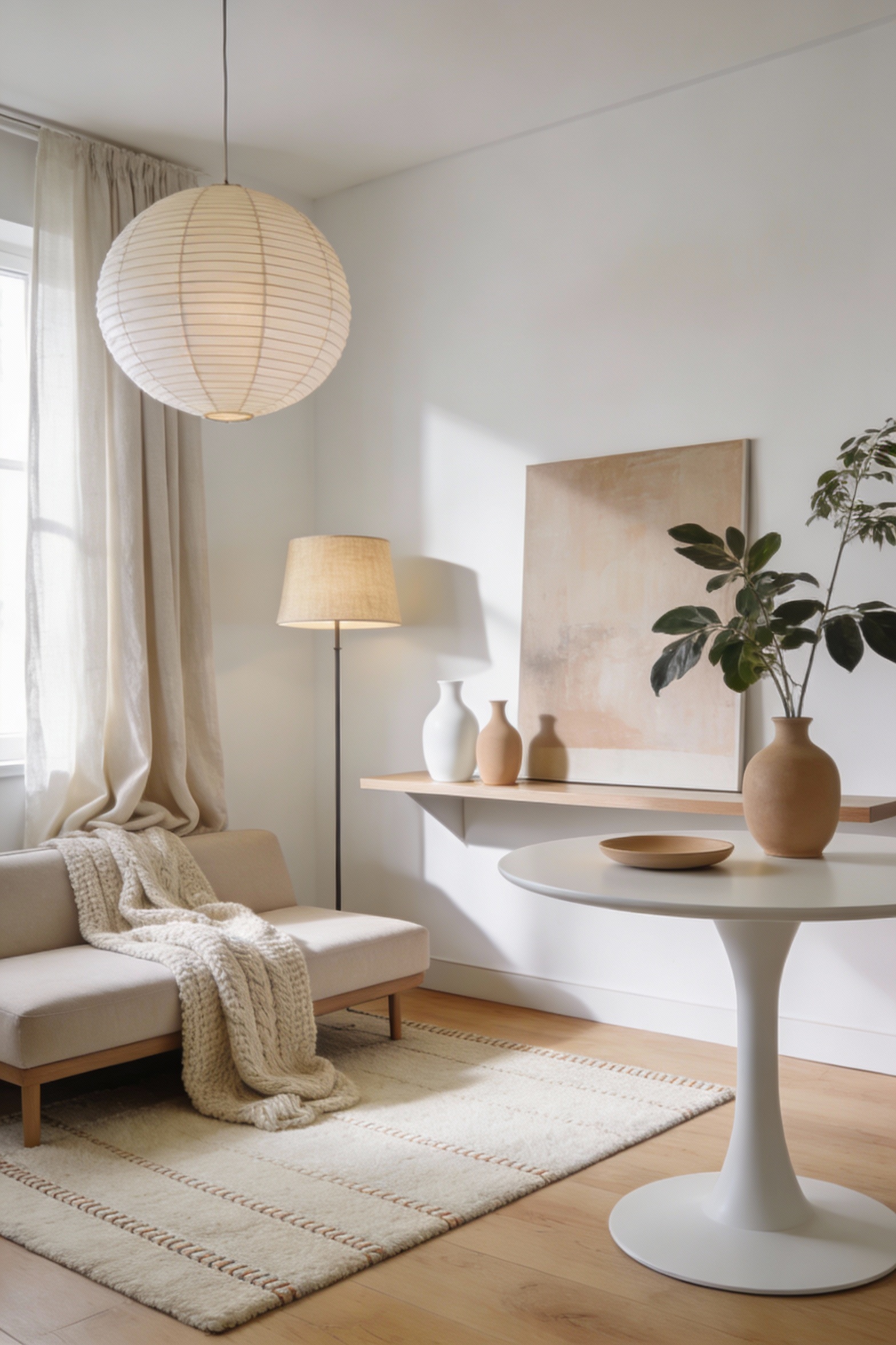 Wide photorealistic corner-angle view of an airy Scandinavian studio with warm white walls, pale oak floors and furnitur