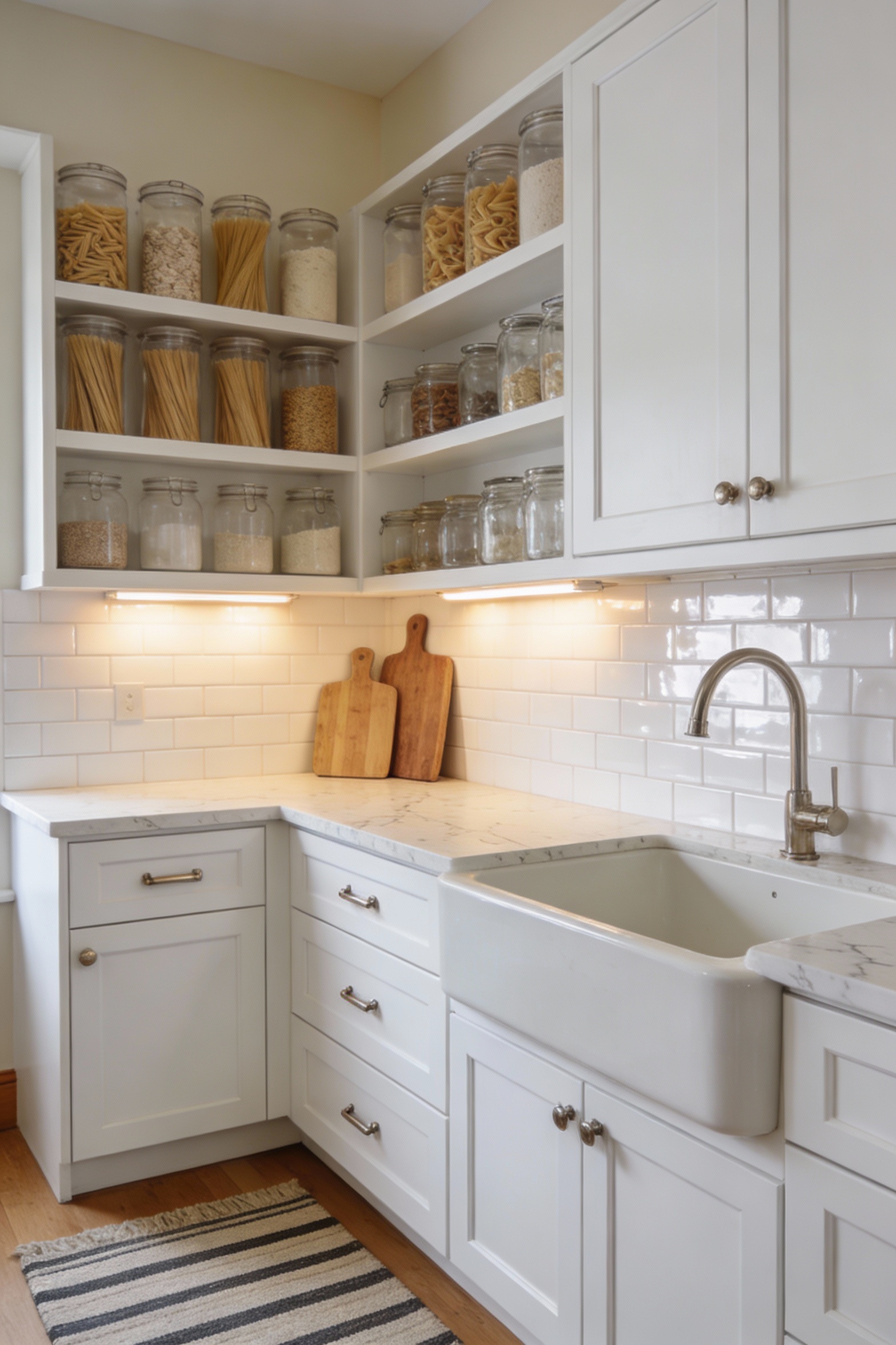 Wide photorealistic corner-angle view of a bright white hidden-workroom scullery behind a discreet door: glossy white su