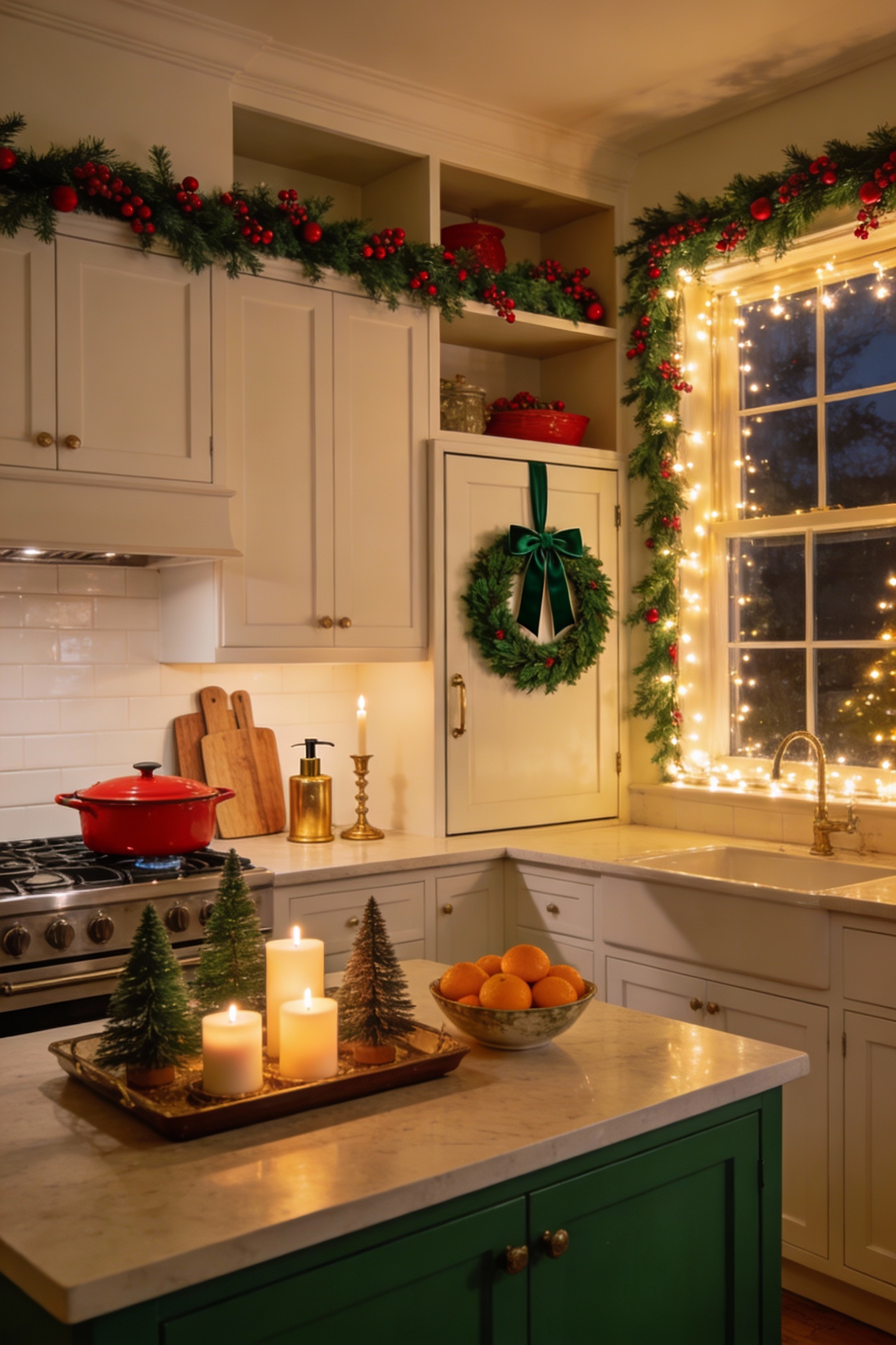 Wide-angle photorealistic Christmas cottage kitchen in warm classic red-and-green: creamy white cabinets, mostly clear c