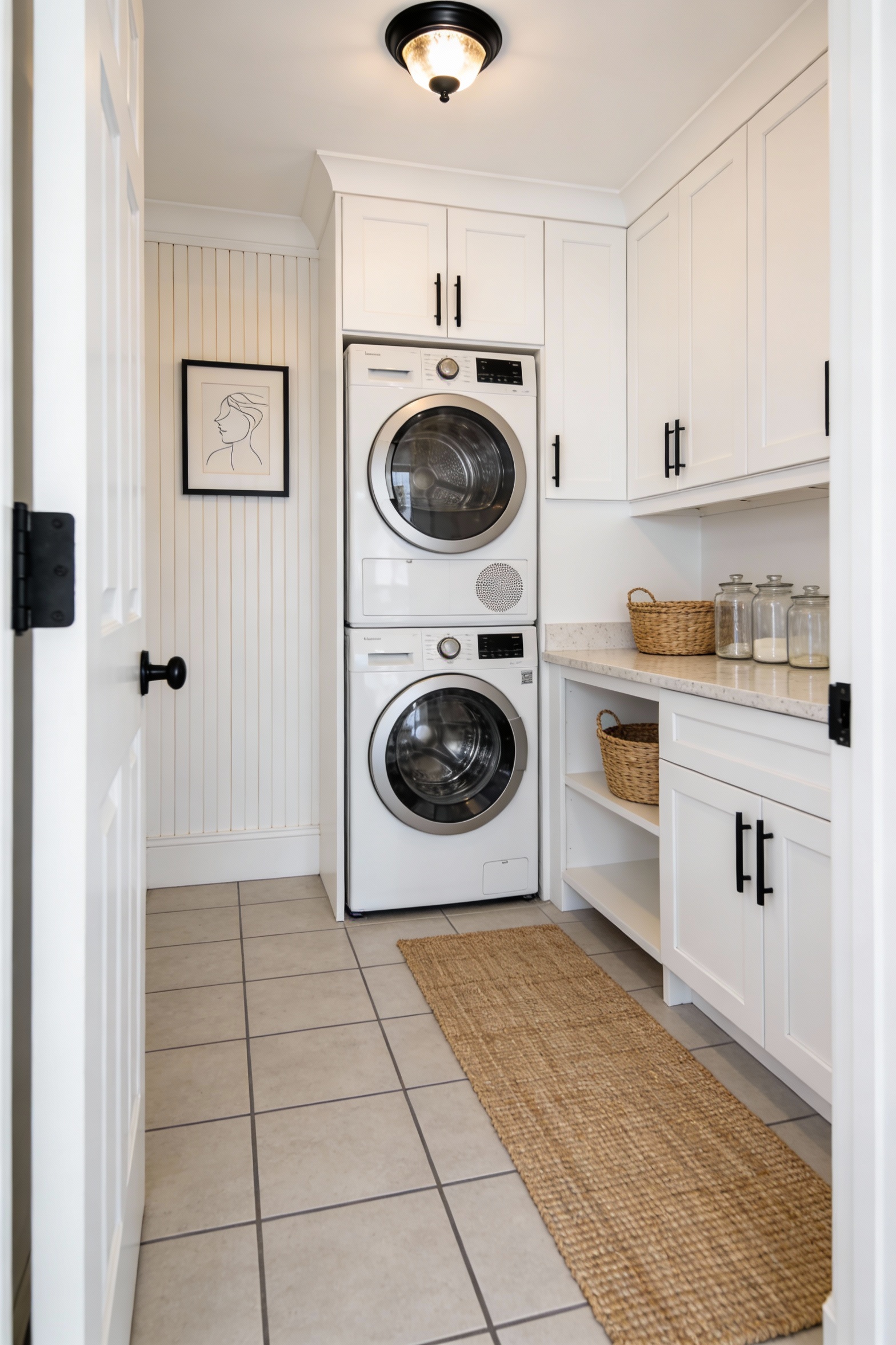 Wide corner-angle photorealistic shot of a bright Scandinavian laundry nook behind a slim door: stackable washer/dryer i