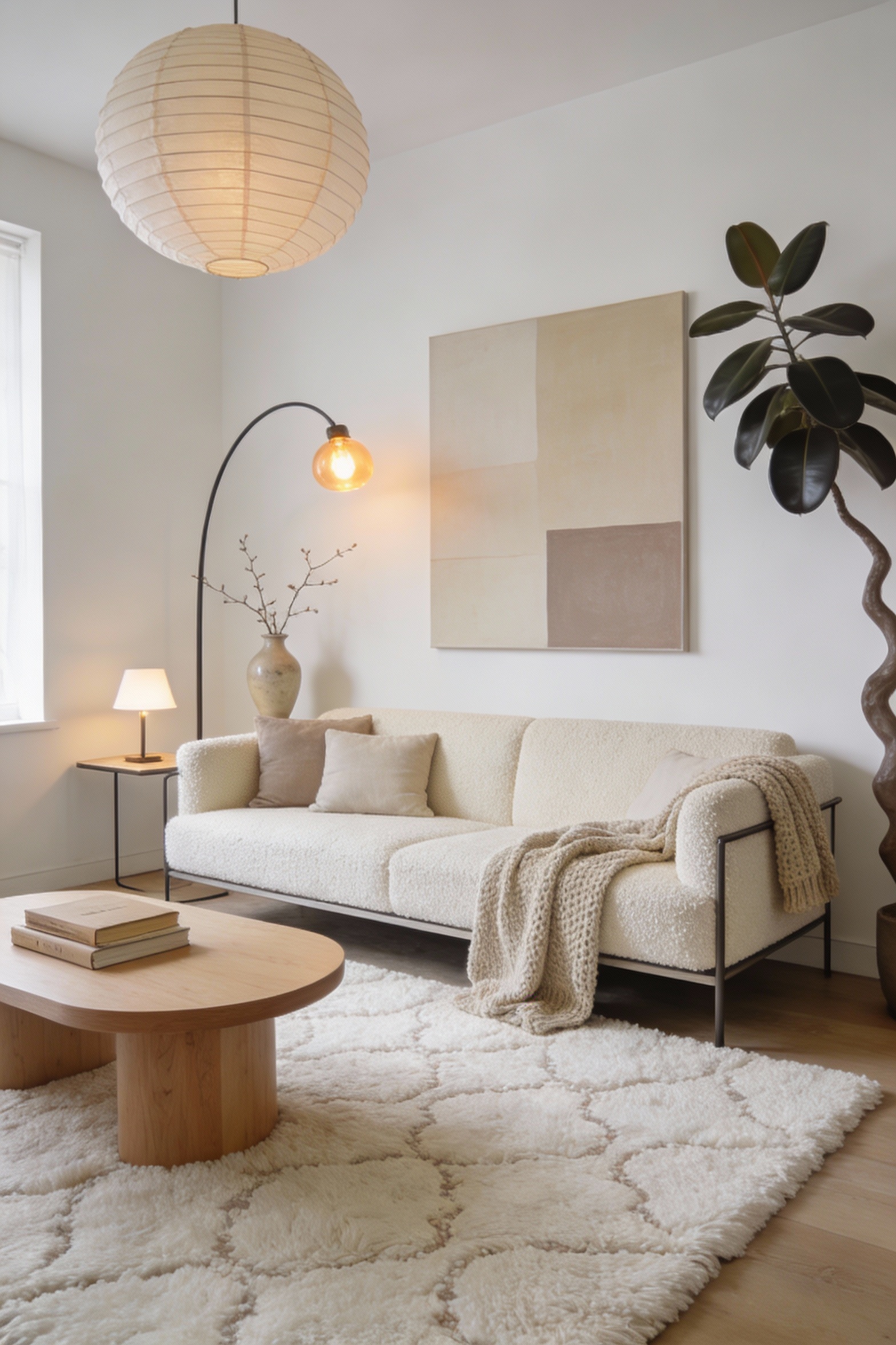 1. Wide-angle photorealistic living room in a soft Scandinavian calm style: warm white walls with oatmeal beige and grei