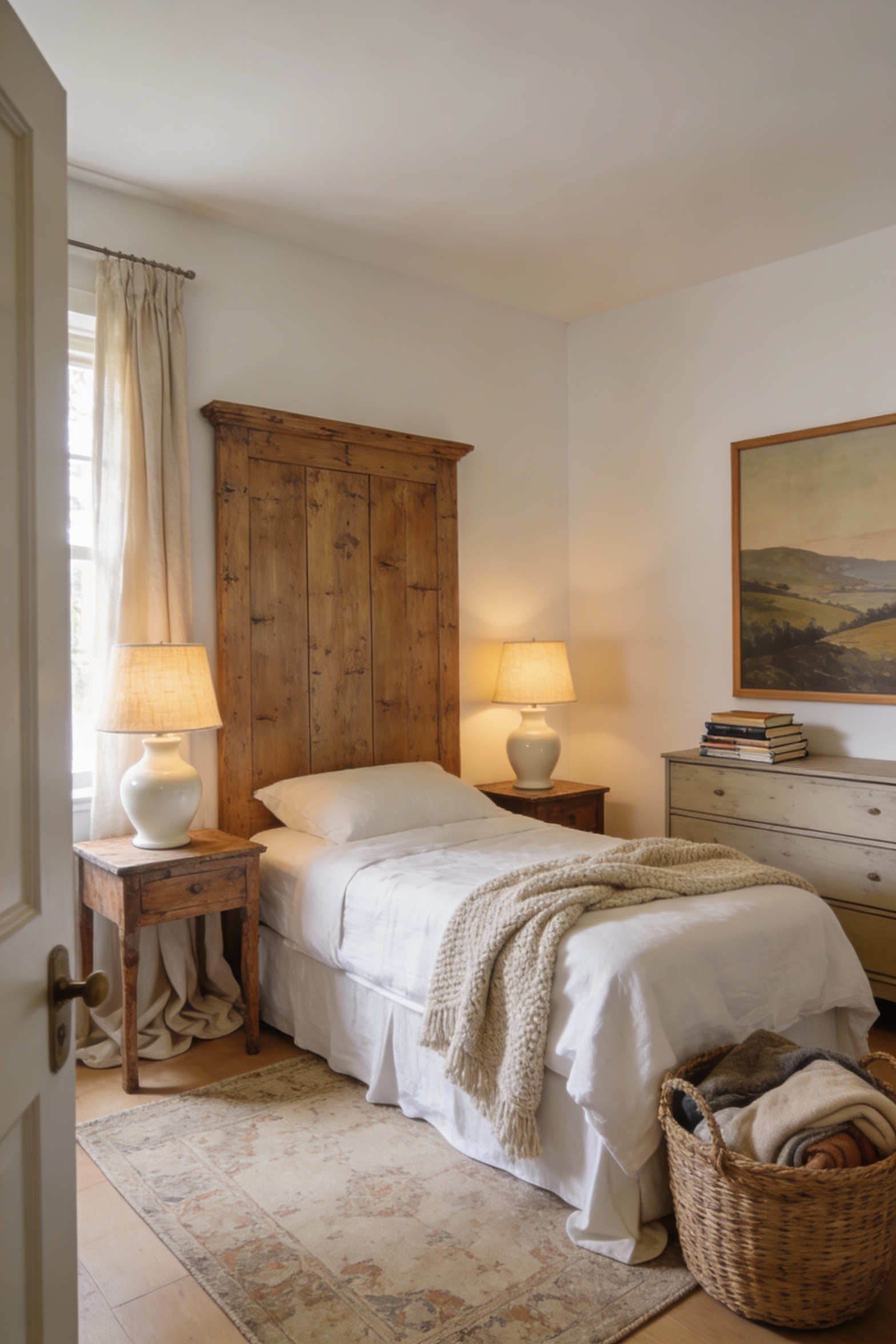 1. Wide photorealistic farmhouse bedroom, corner angle from doorway: tall weathered oak headboard bed centered with cris