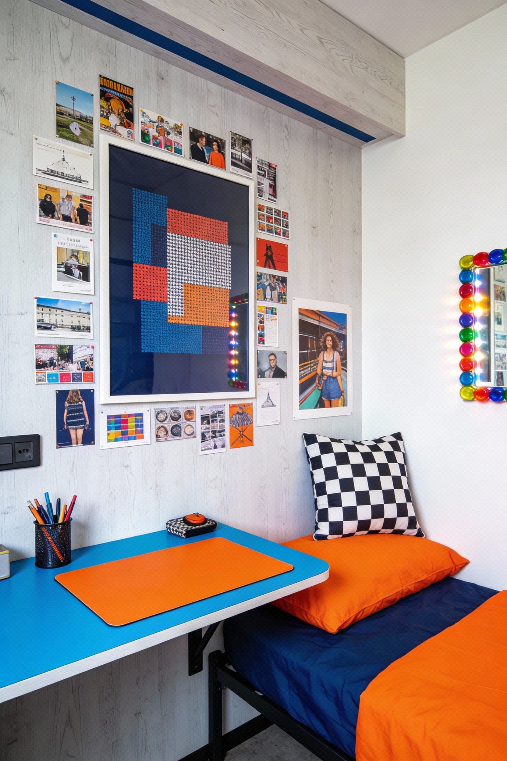 Medium photorealistic shot of a hostel desk-and-bed corner styled as a color-pop creative studio: neutral base (white/li