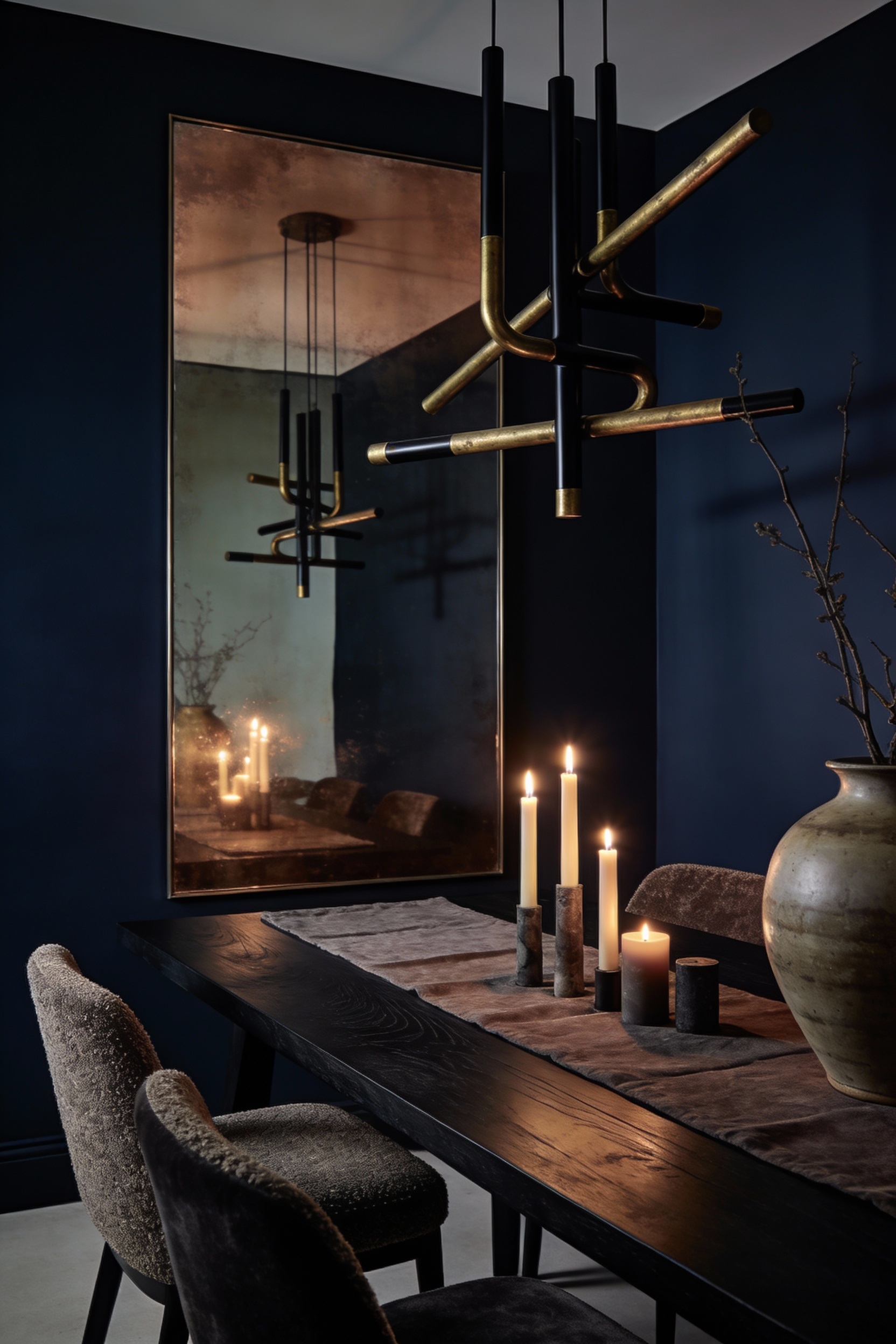 Medium photorealistic dining room scene from a corner angle: moody modern space with deep charcoal/inky navy walls and a
