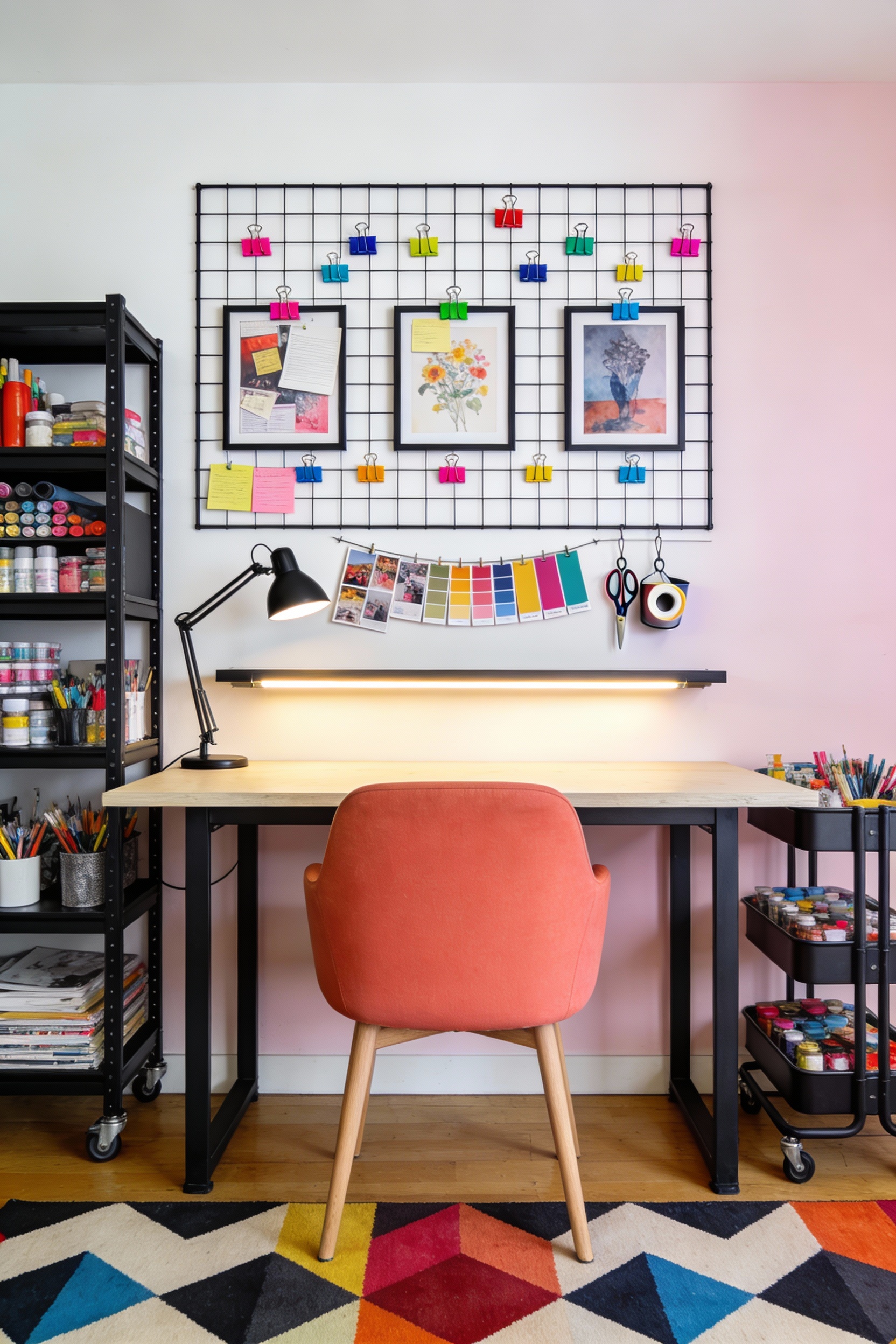 Medium straight-on photorealistic shot of a color-pop creative studio workspace: crisp white or very pale blush wall, la