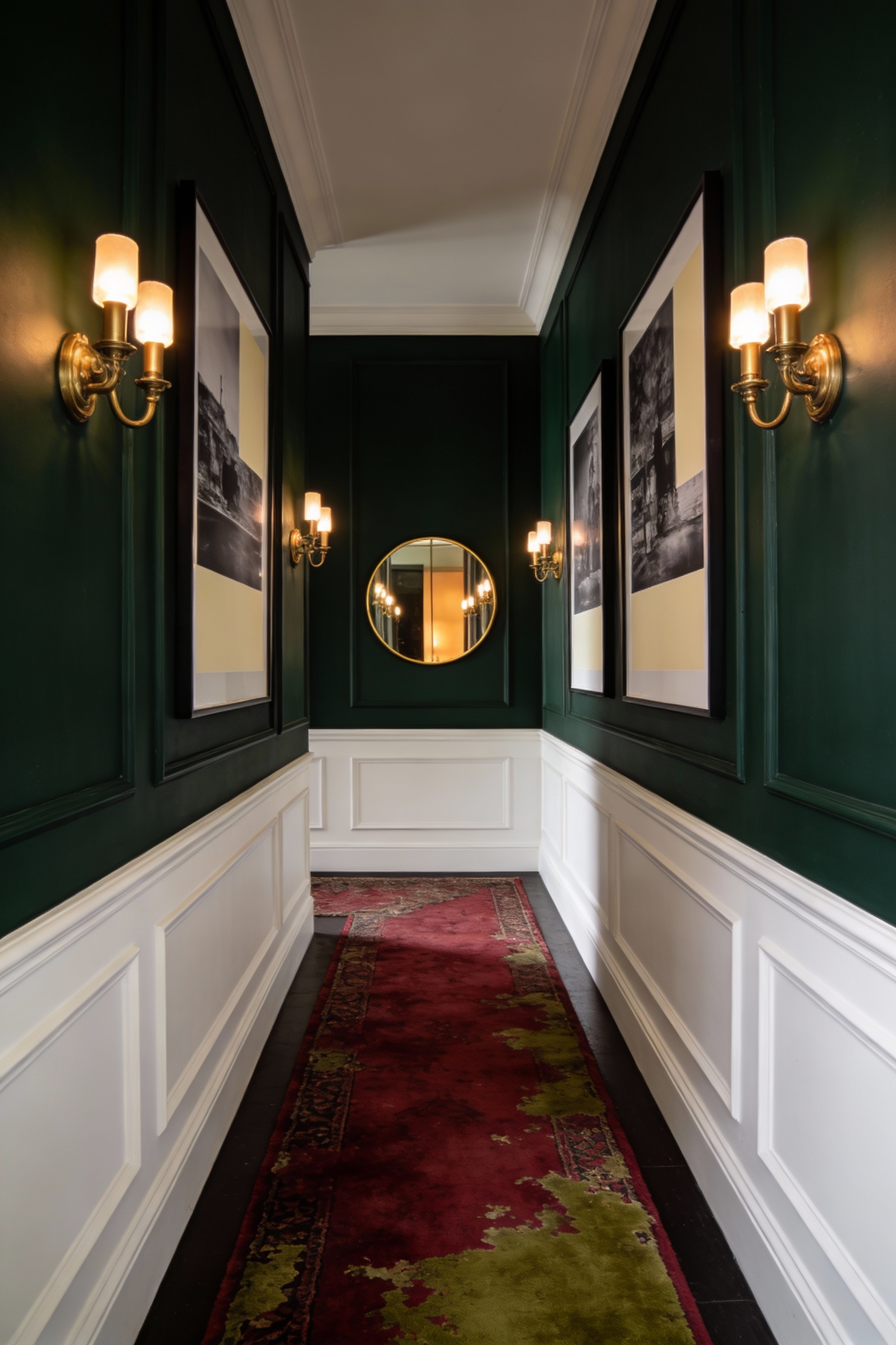 Medium corner-angle photorealistic shot of a moody boutique corridor: walls in deep inky charcoal or deep forest green (