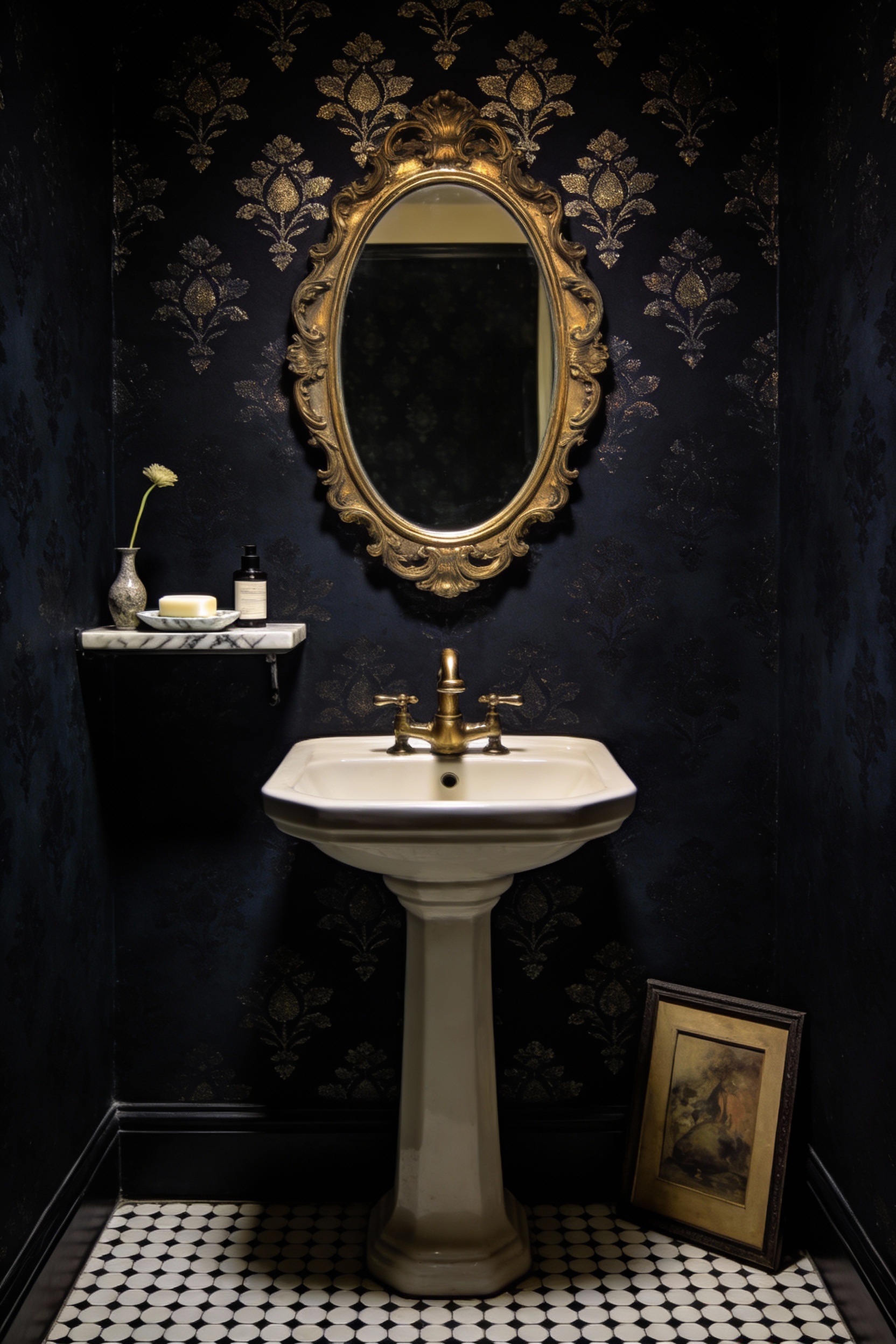 Straight-on medium photorealistic shot of a vintage noir powder room wrapped in black/inky navy wallpaper with subtle me
