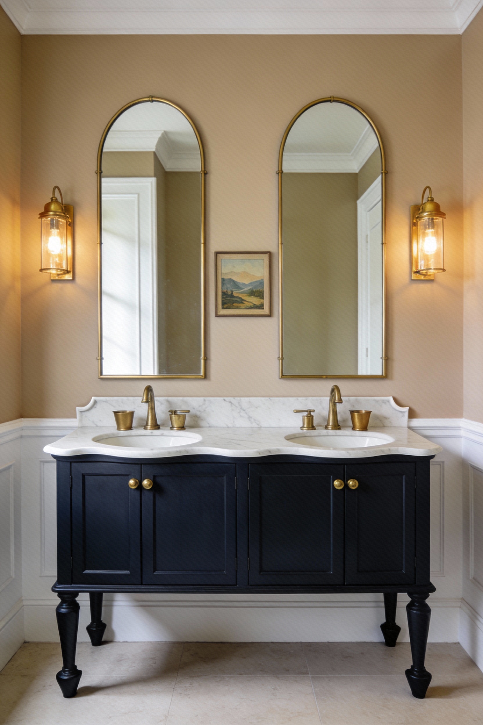 Medium straight-on shot of a classic heritage double vanity vignette: deep charcoal/navy furniture-style vanity with leg
