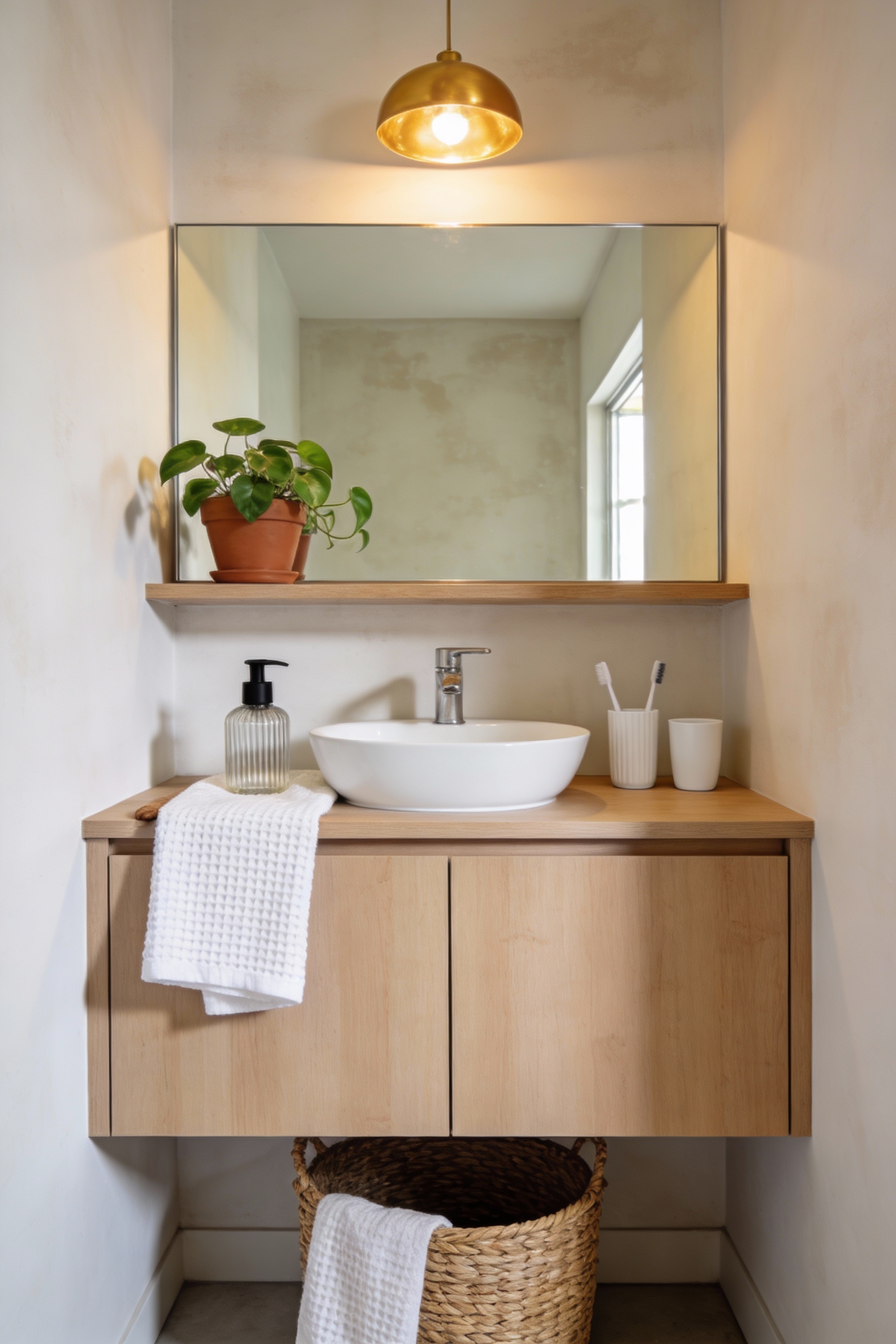 Medium photorealistic shot of an airy Scandinavian micro-spa cloakroom: warm off-white walls (hint of greige), floating 