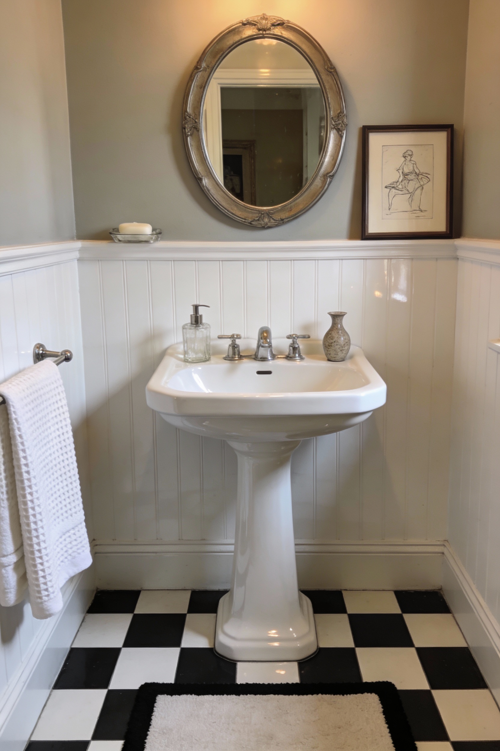 Medium photorealistic shot of a small Parisian powder room: classic black-and-white checkerboard tile floor (slightly sm