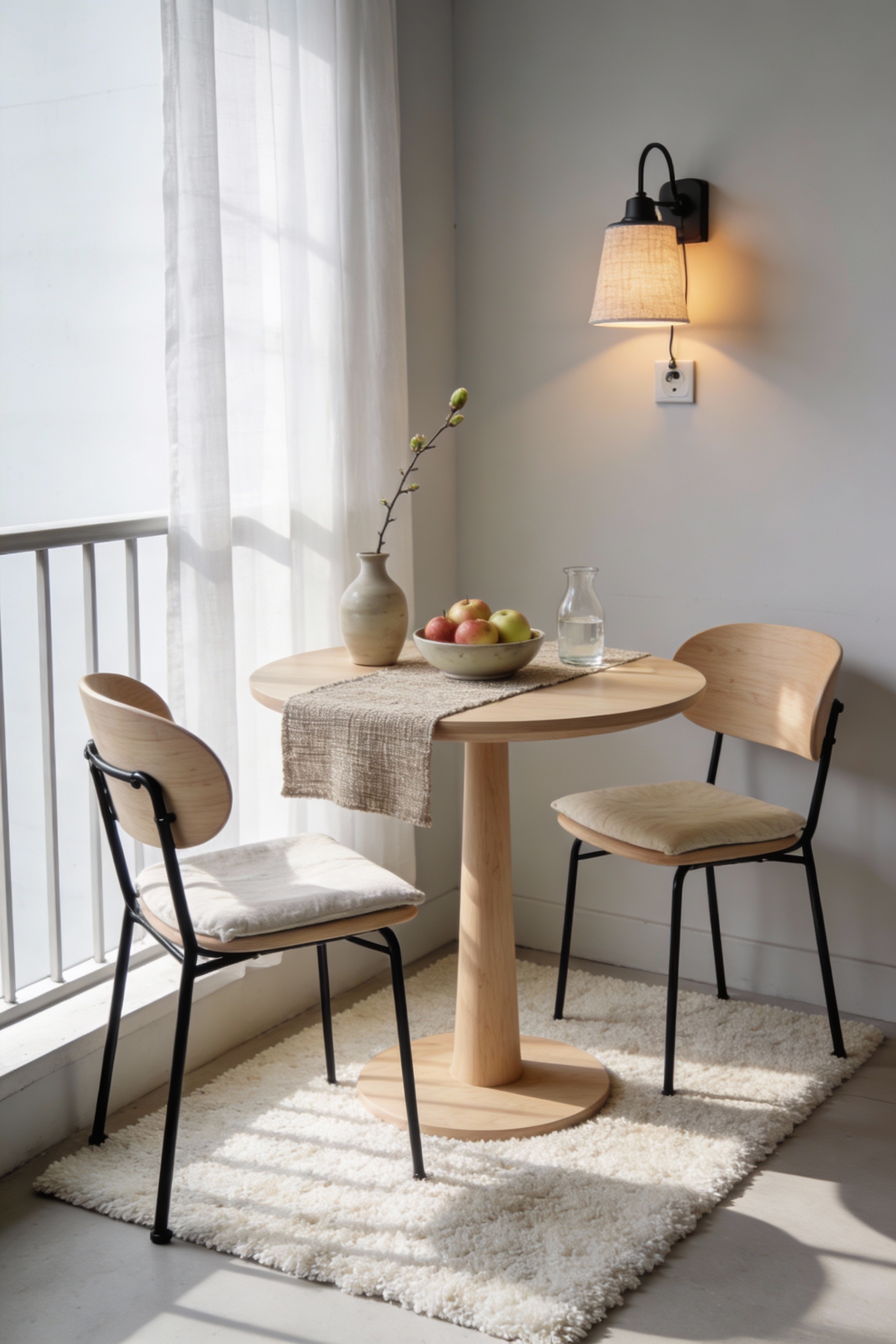 Medium photorealistic shot from a corner angle of a Scandinavian mini dining nook on a closed balcony: white/pale greige