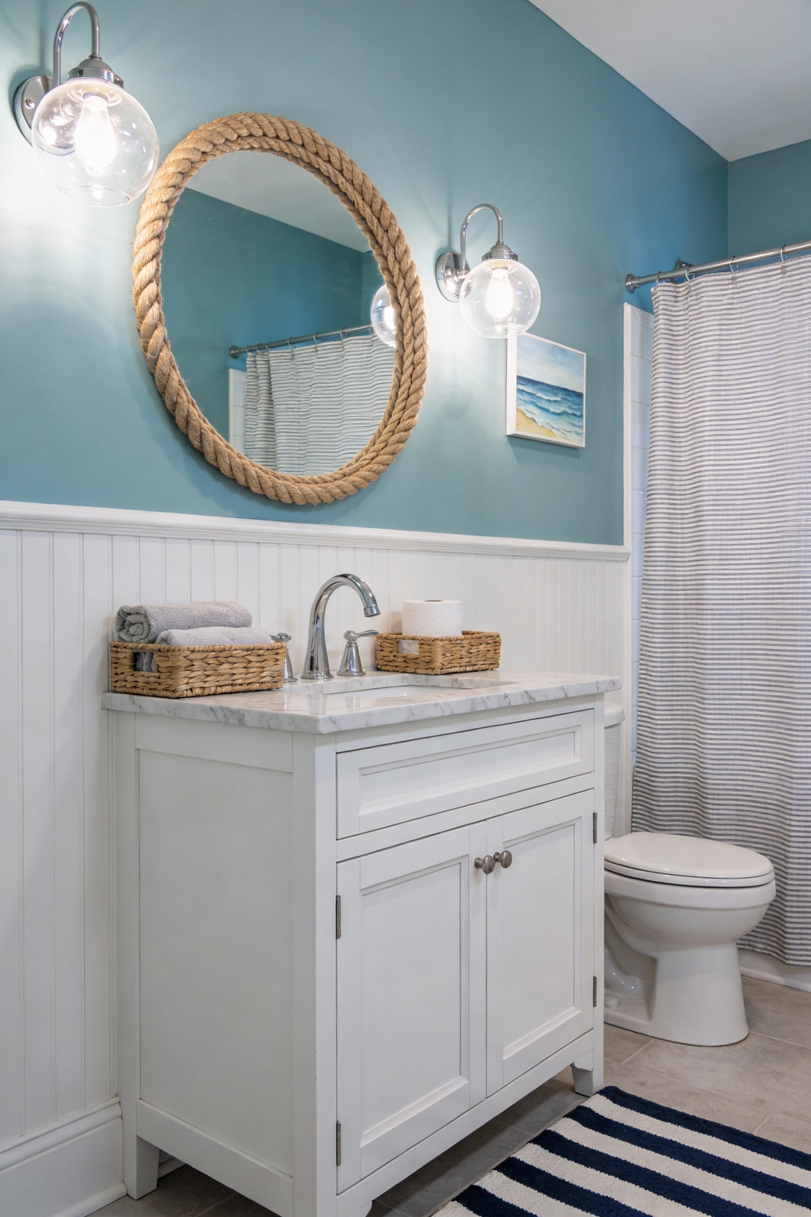 Medium photorealistic coastal cottage bathroom vignette: white beadboard wainscoting halfway up with upper walls painted
