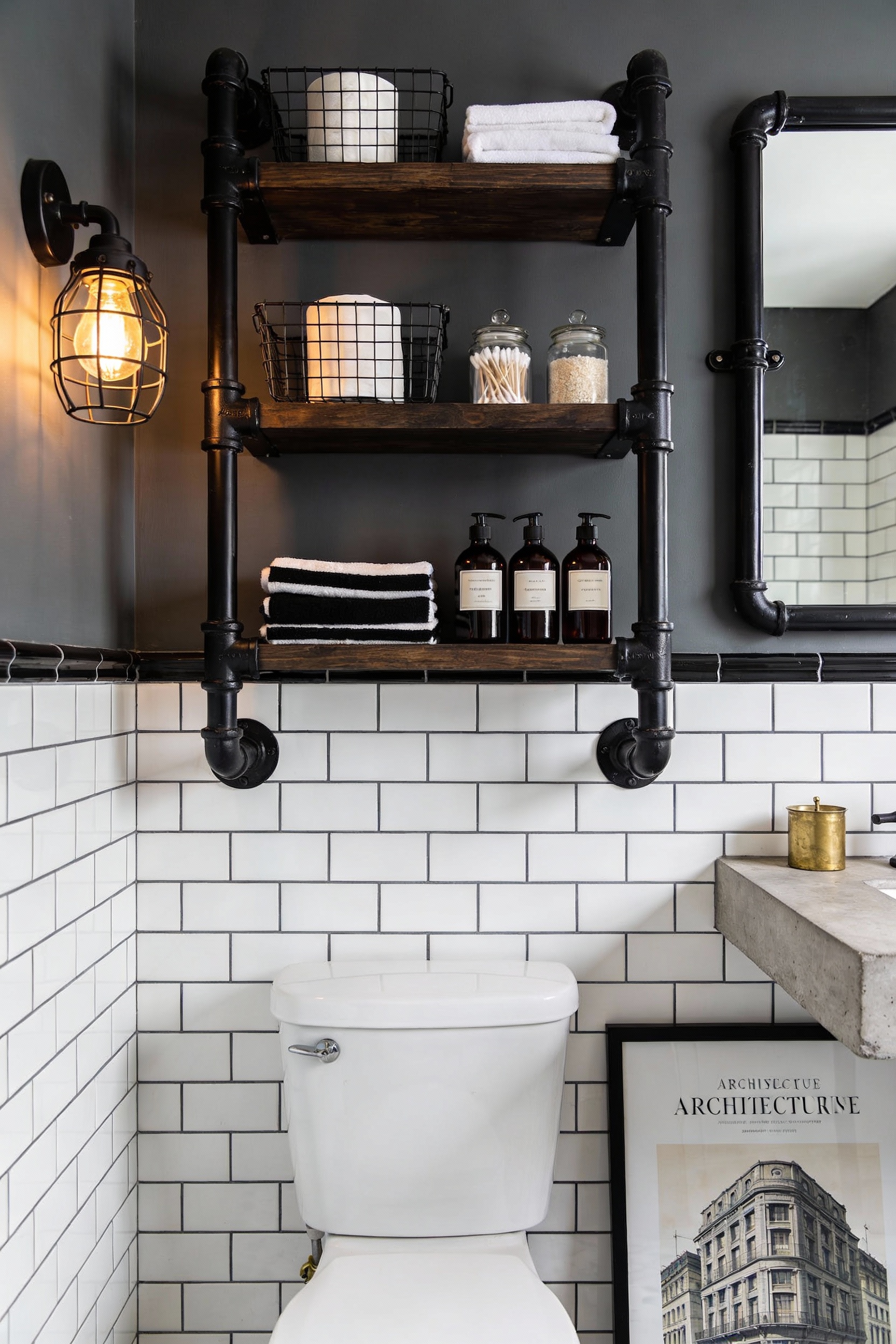 Medium straight-on photorealistic shot of an urban industrial bathroom wall featuring a bold black pipe shelving unit wi