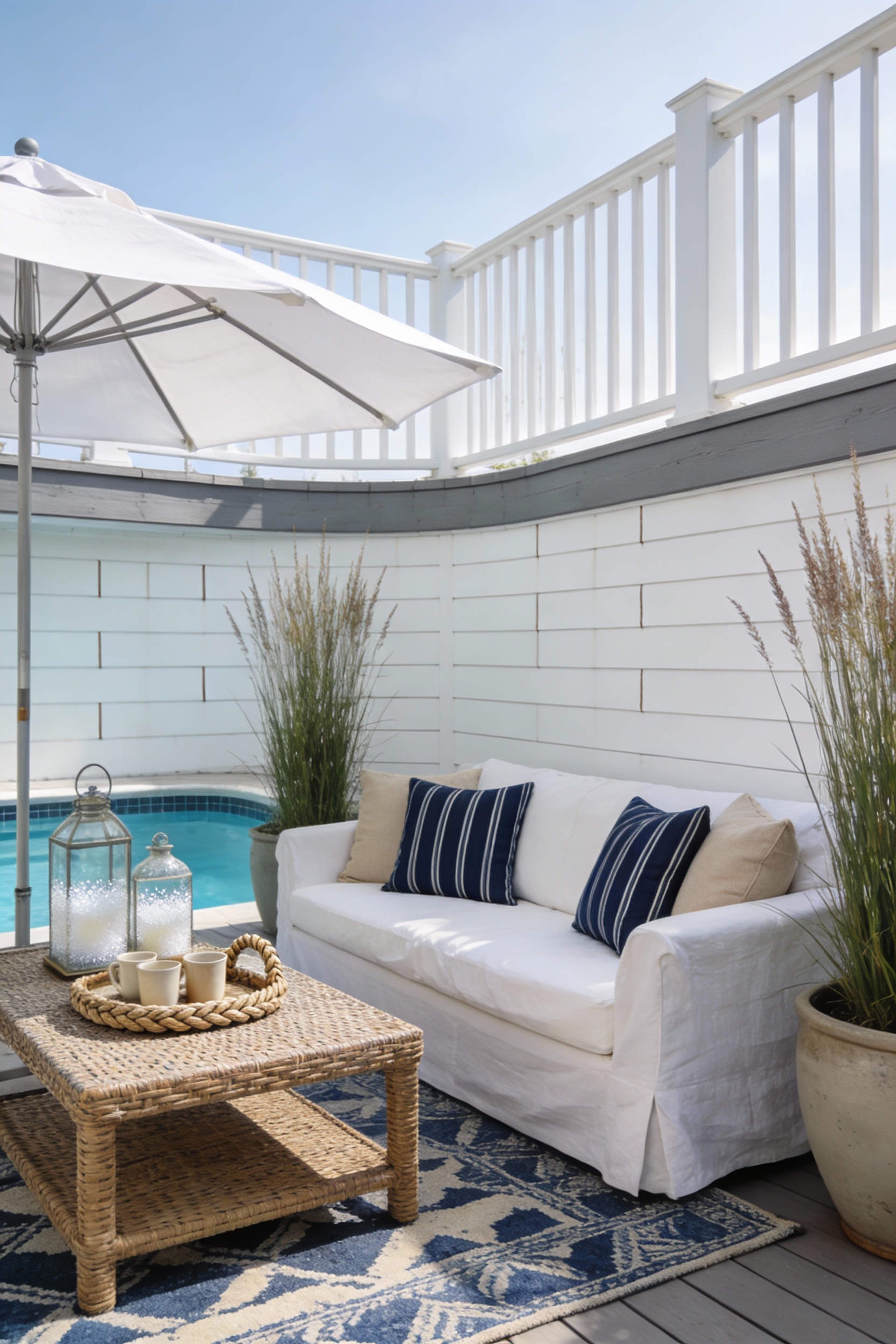 Medium corner-angle photorealistic daytime shot of a coastal cabana deck wrapping one side of a semi-inground pool: soft